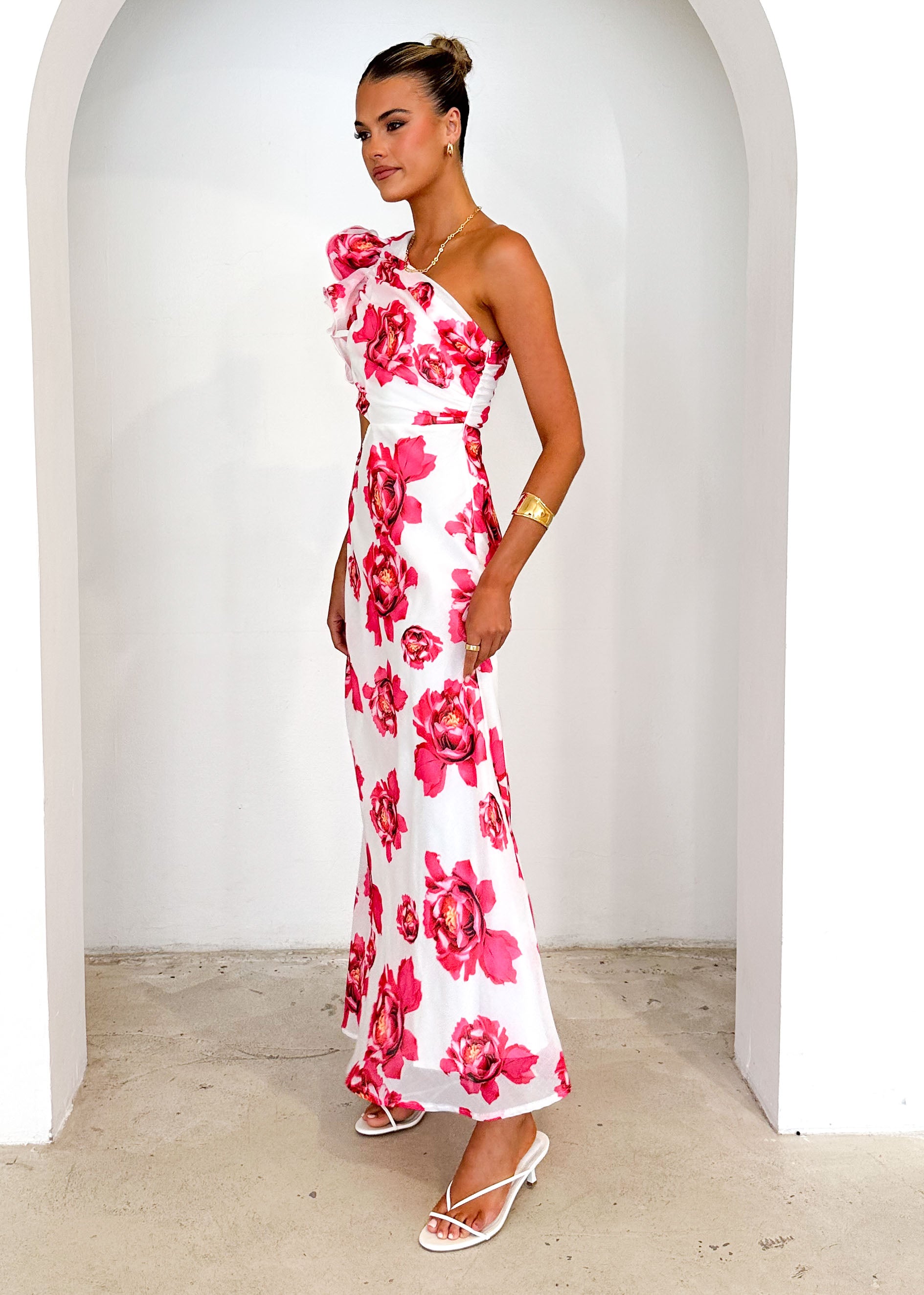 Edon One Shoulder Maxi Dress - Red Floral