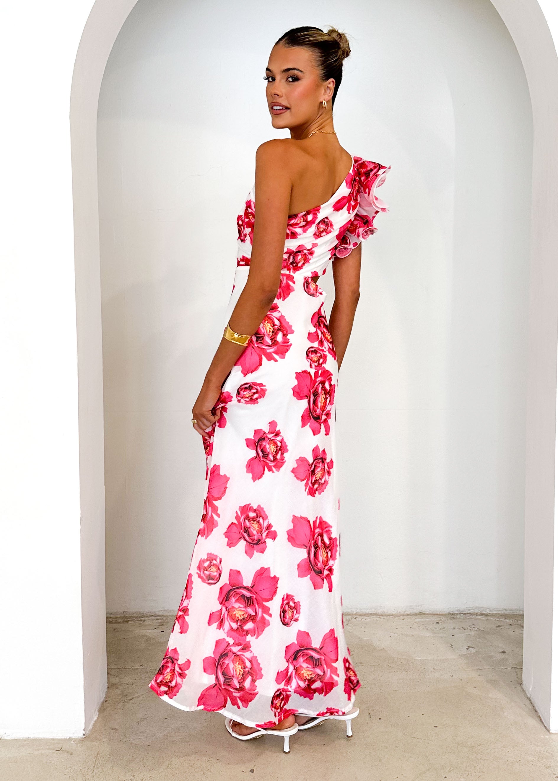 Edon One Shoulder Maxi Dress - Red Floral