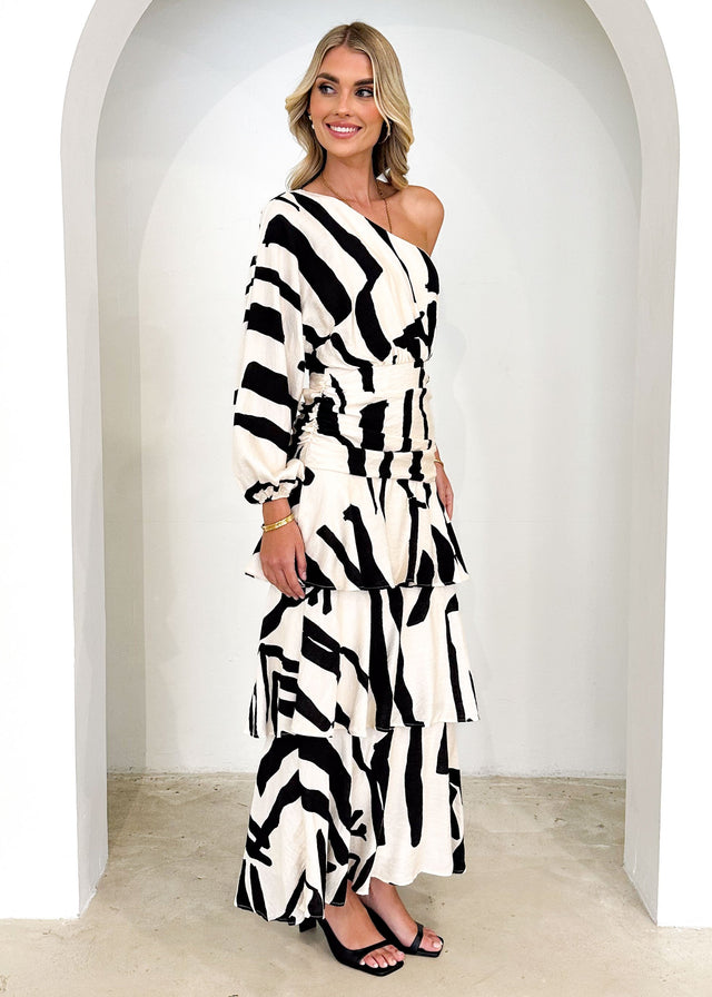 Cody One Shoulder Maxi Dress - Beige Abstract