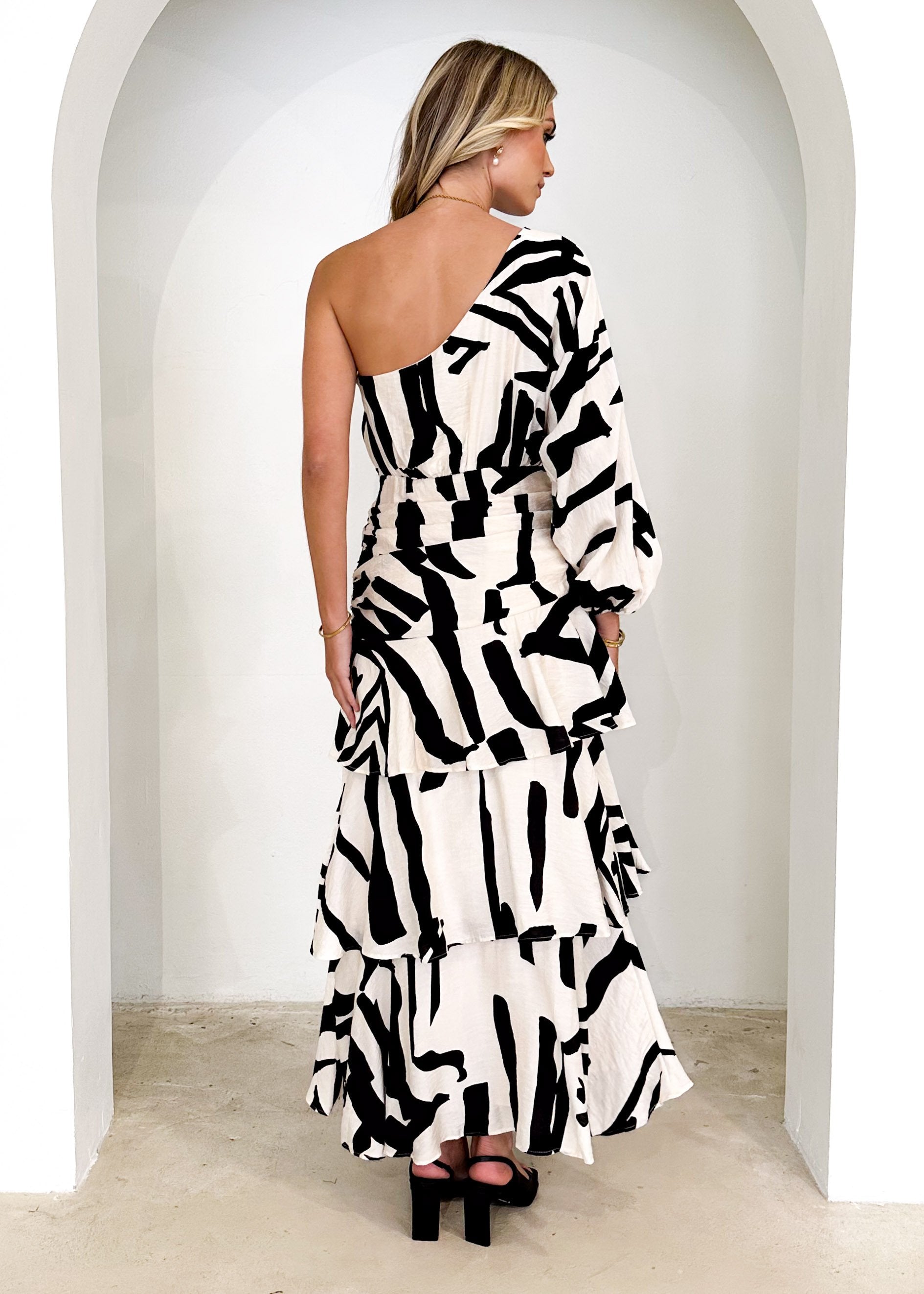 Cody One Shoulder Maxi Dress - Beige Abstract