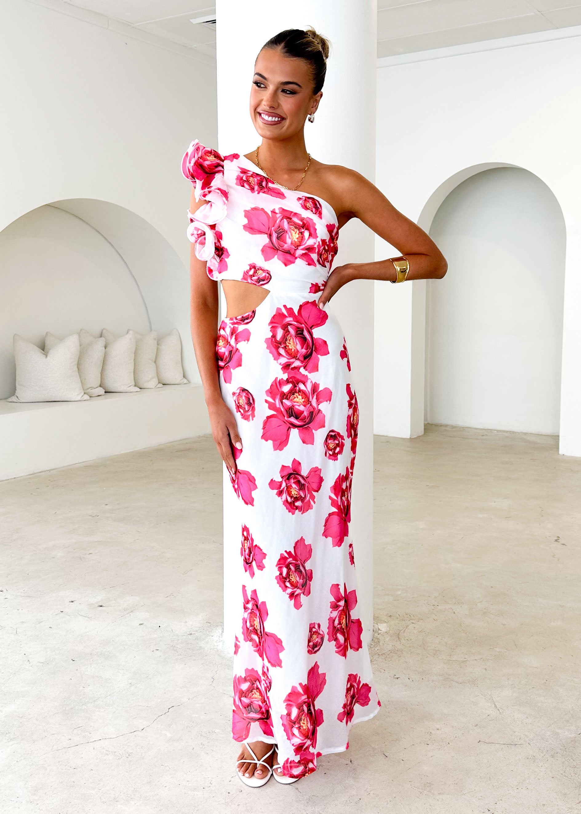 Edon One Shoulder Maxi Dress - Red Floral