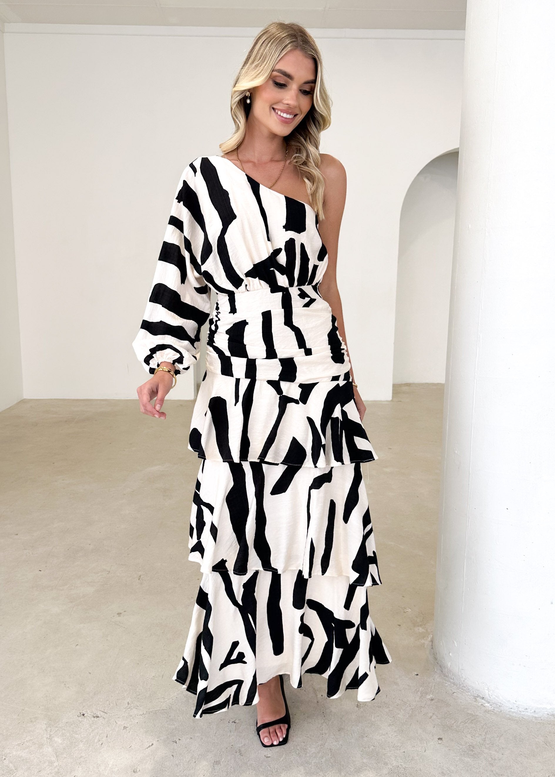 Cody One Shoulder Maxi Dress - Beige Abstract