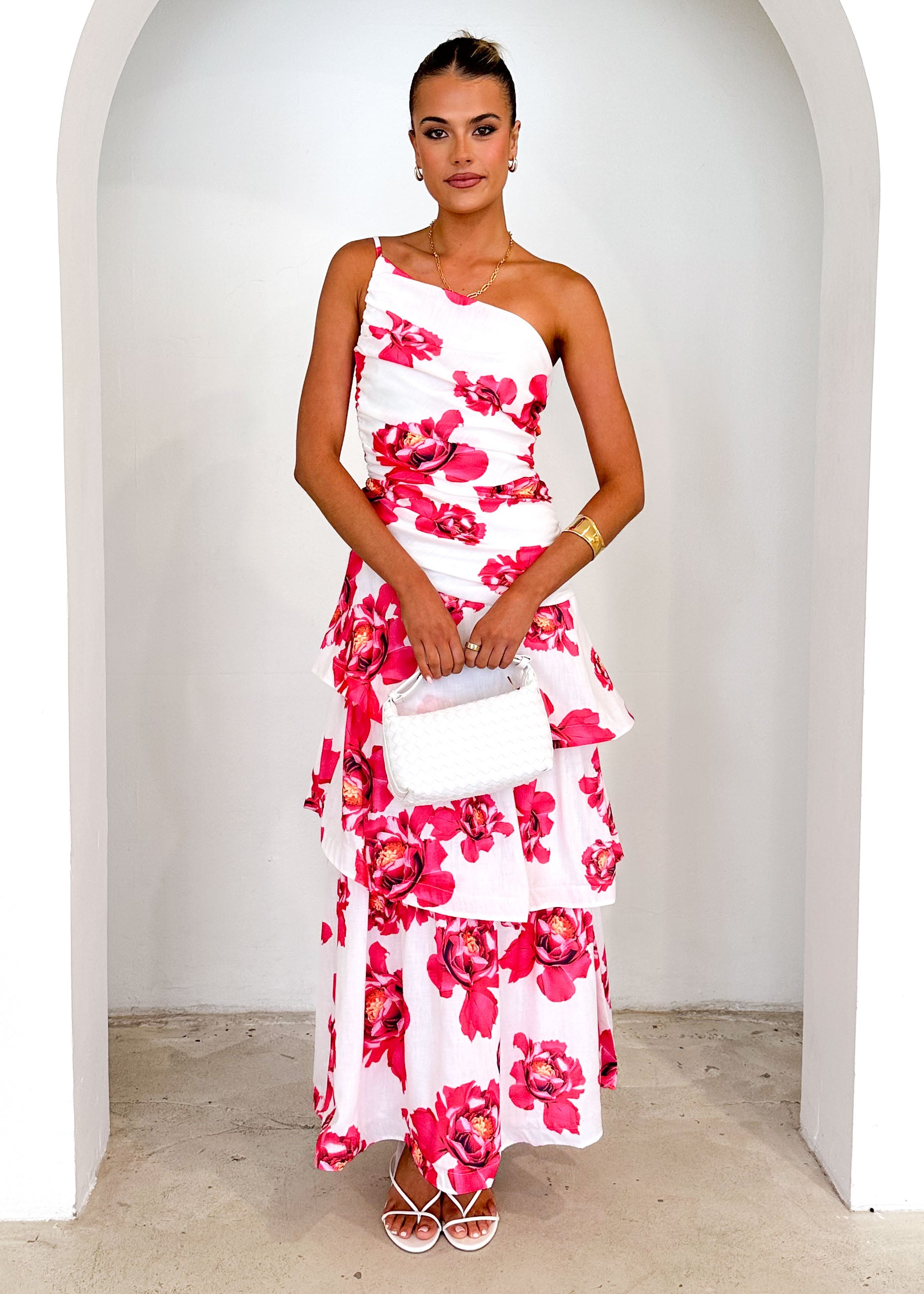 Aspra One Shoulder Midi Dress - Red Floral