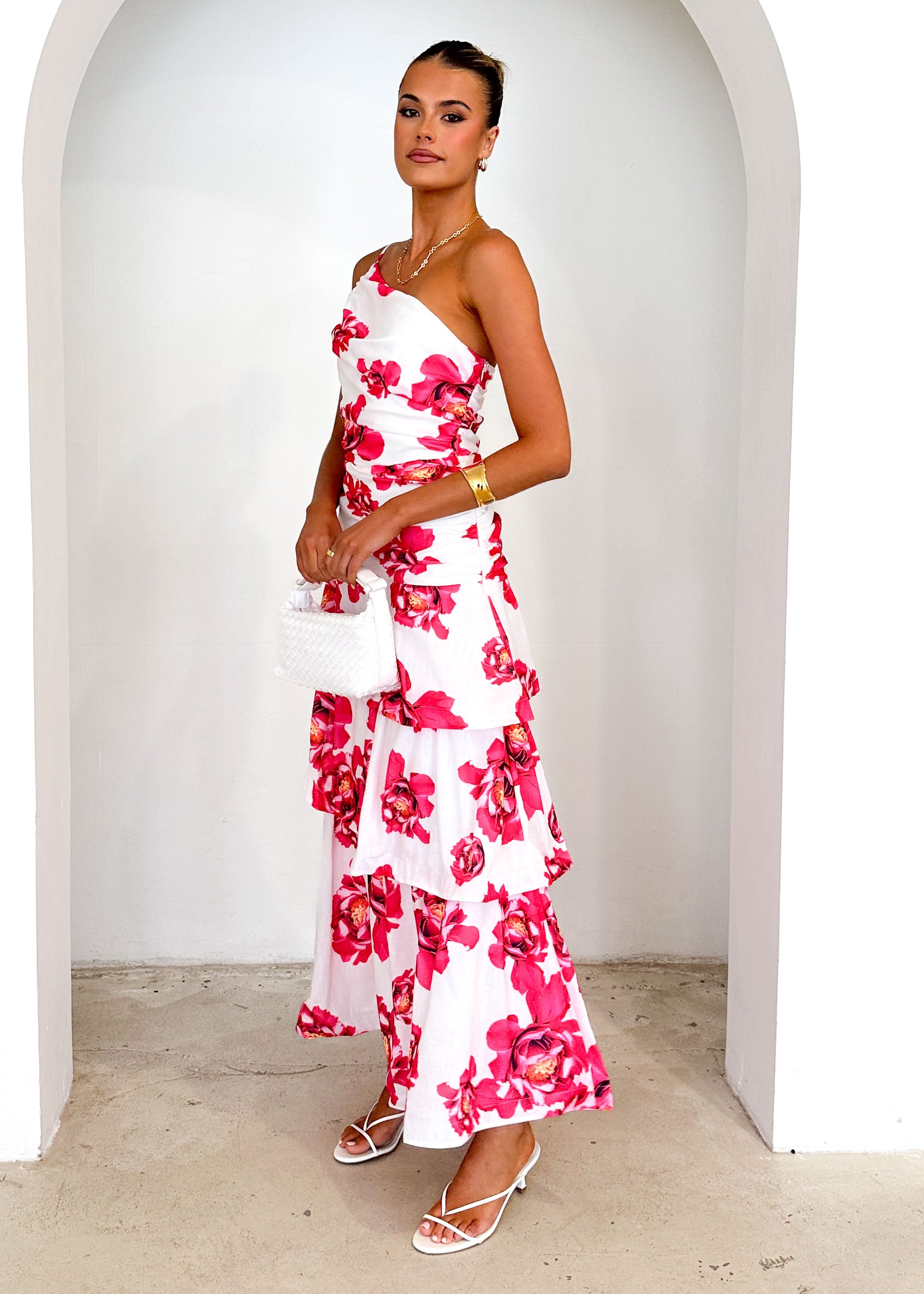 Aspra One Shoulder Midi Dress - Red Floral