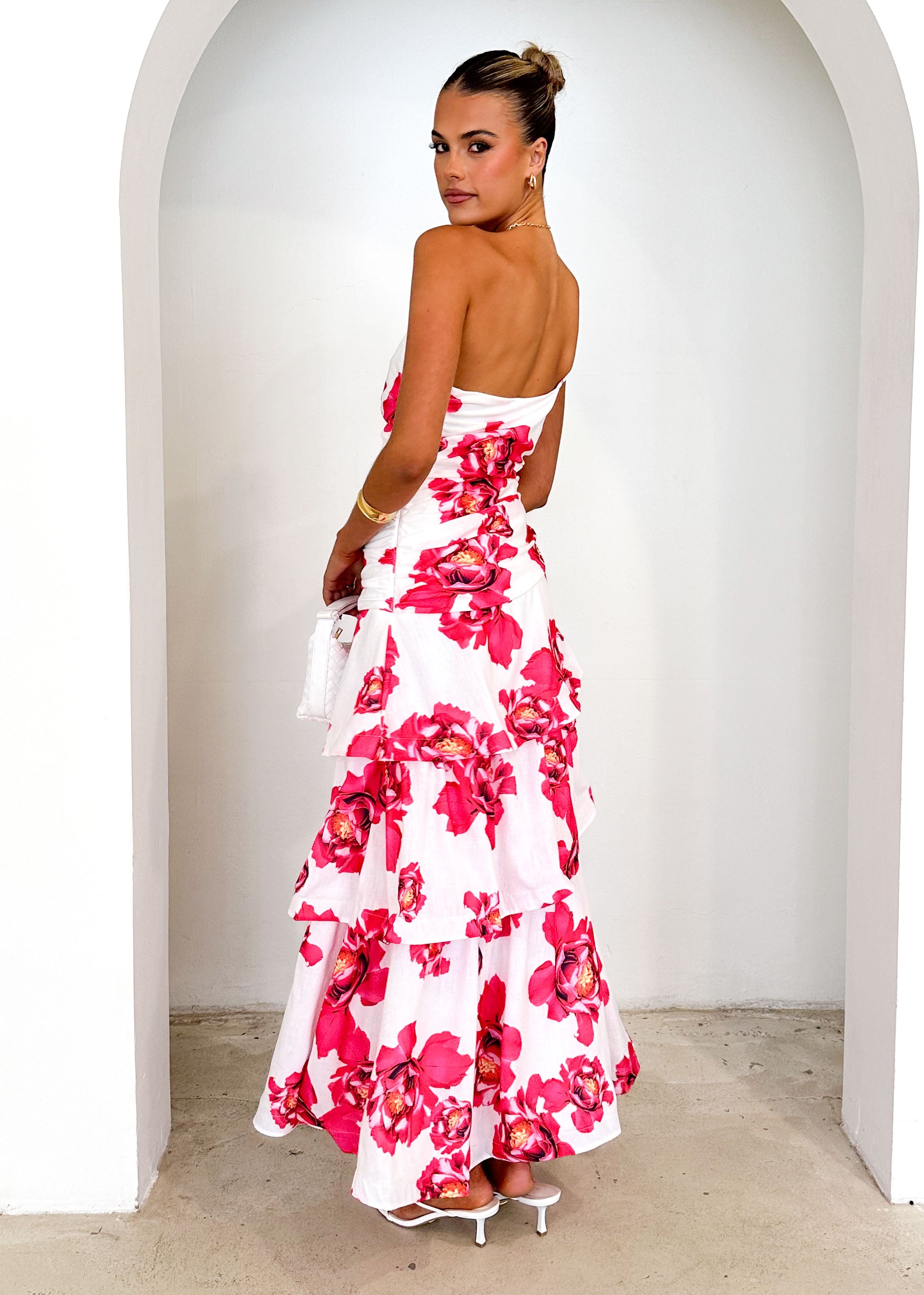 Aspra One Shoulder Midi Dress - Red Floral