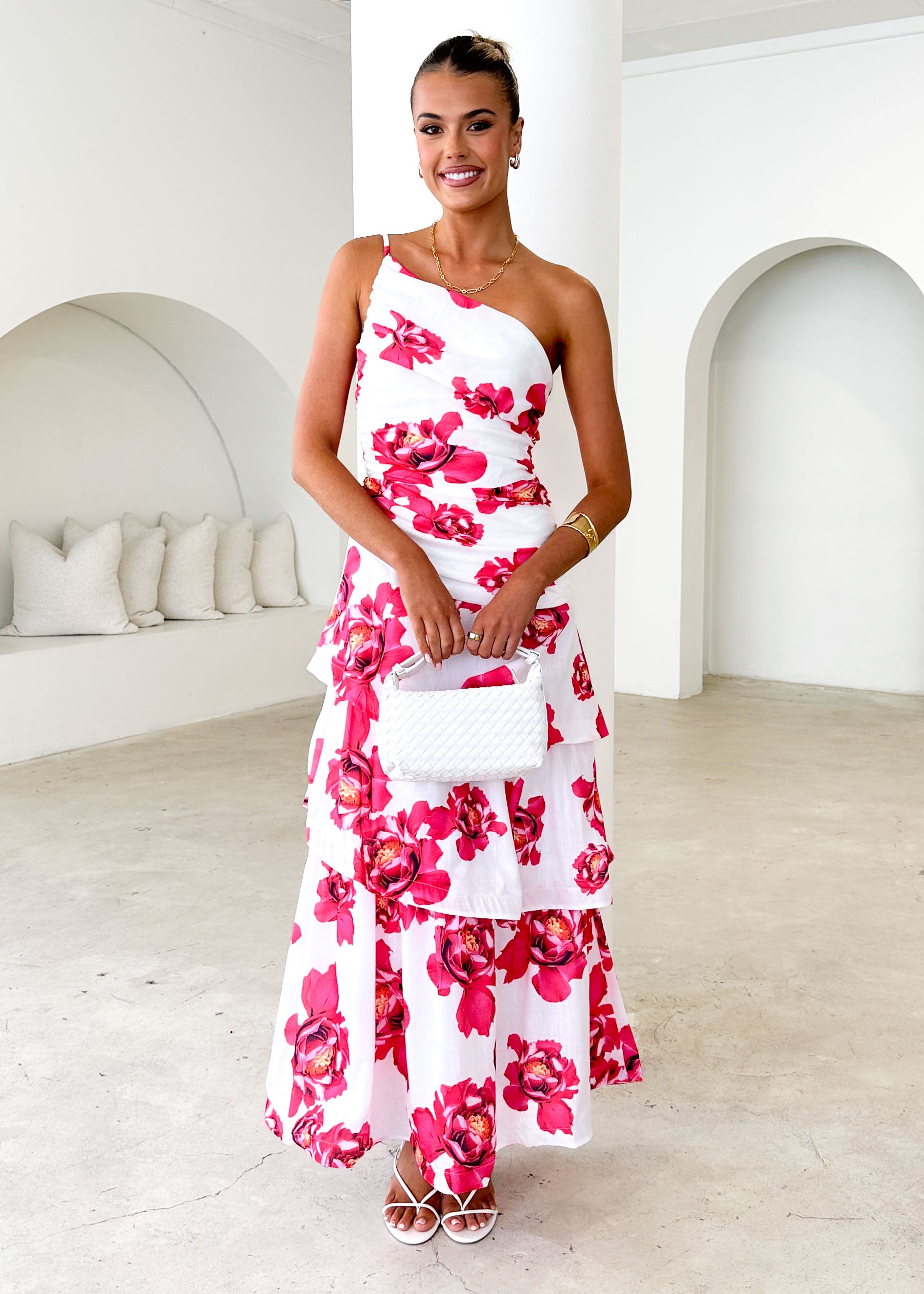 Aspra One Shoulder Midi Dress - Red Floral