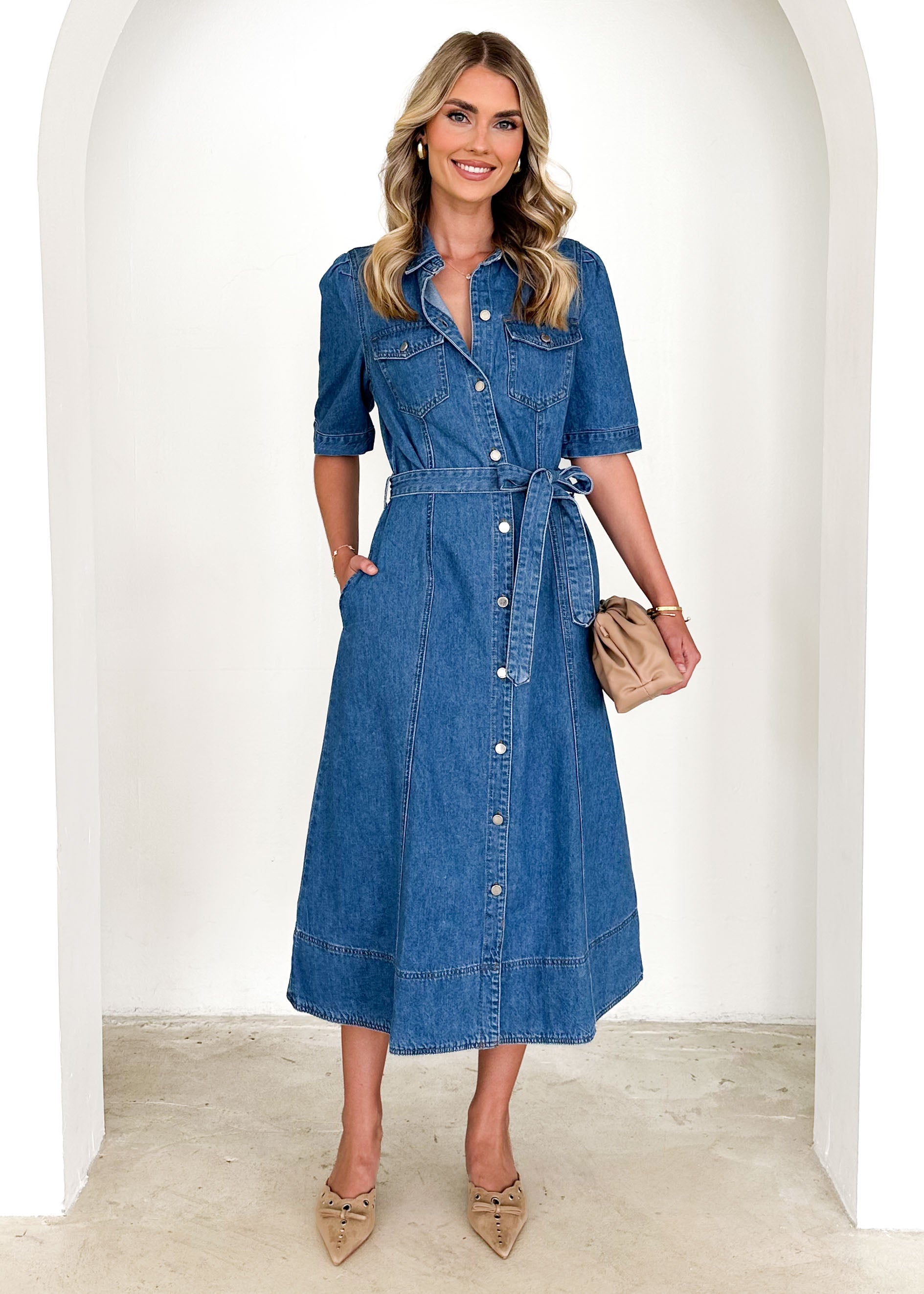 Kaily Denim Midi Dress - Mid Blue