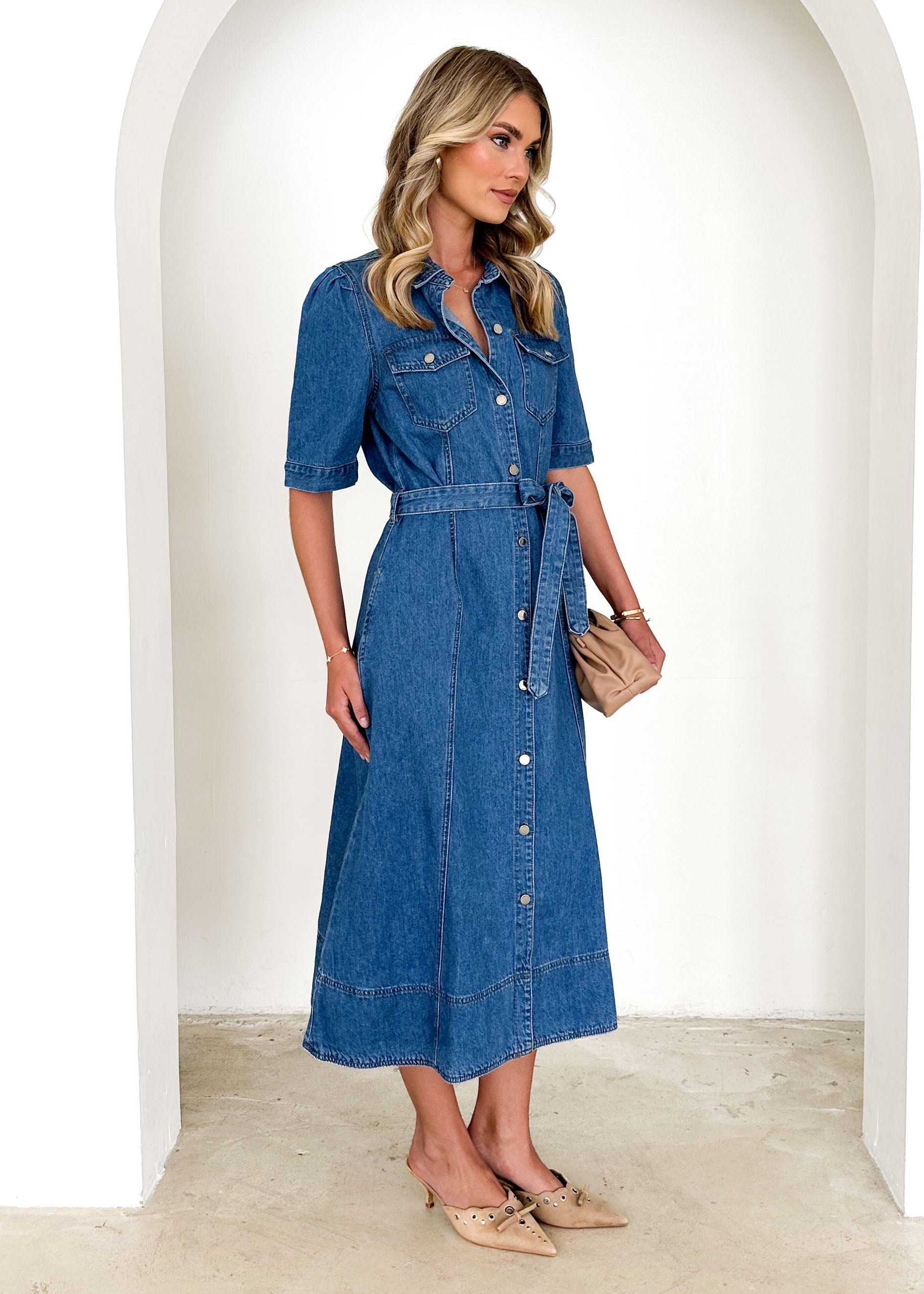 Kaily Denim Midi Dress - Mid Blue