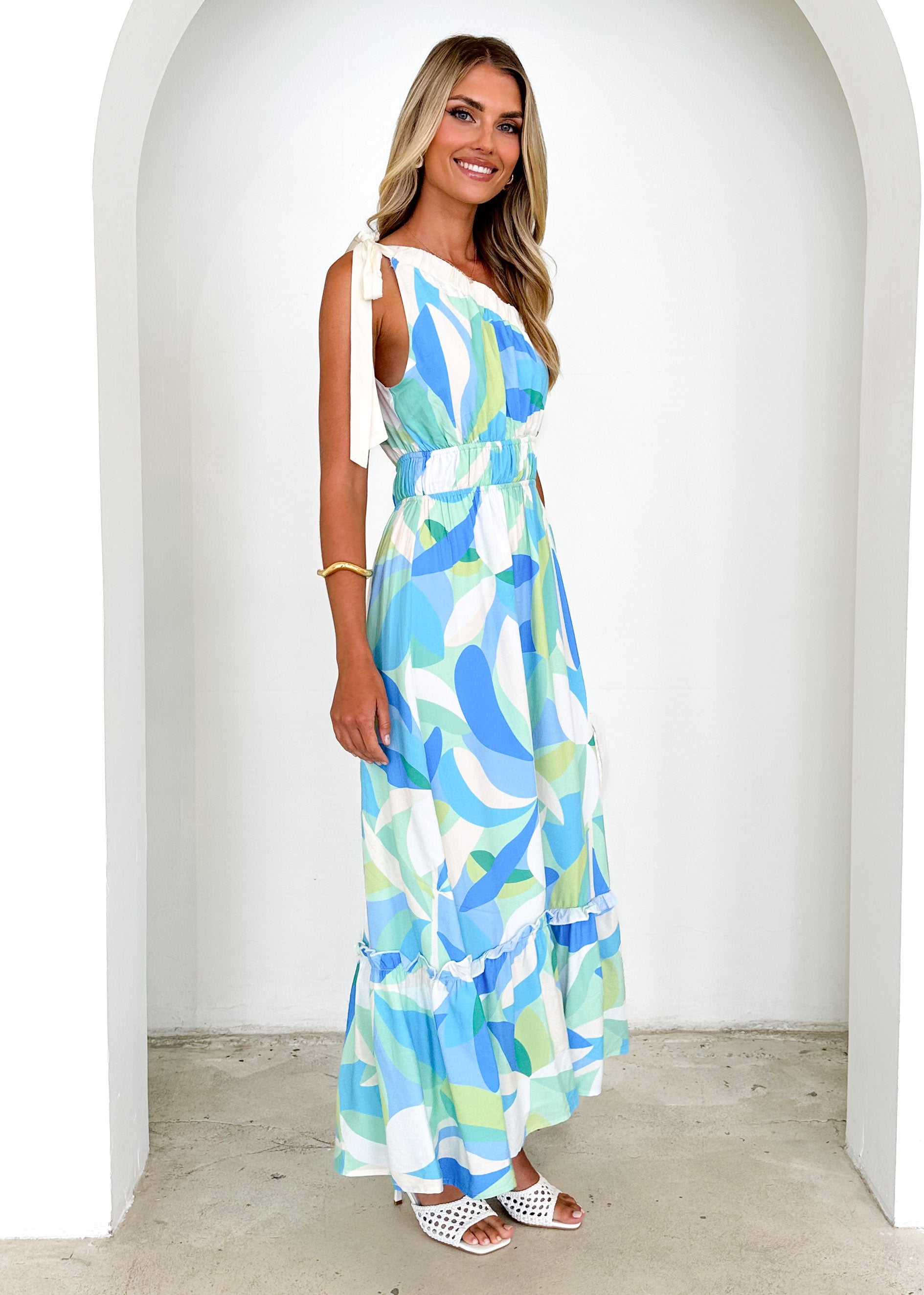 Rainfall One Shoulder Maxi Dress - Blue Abstract