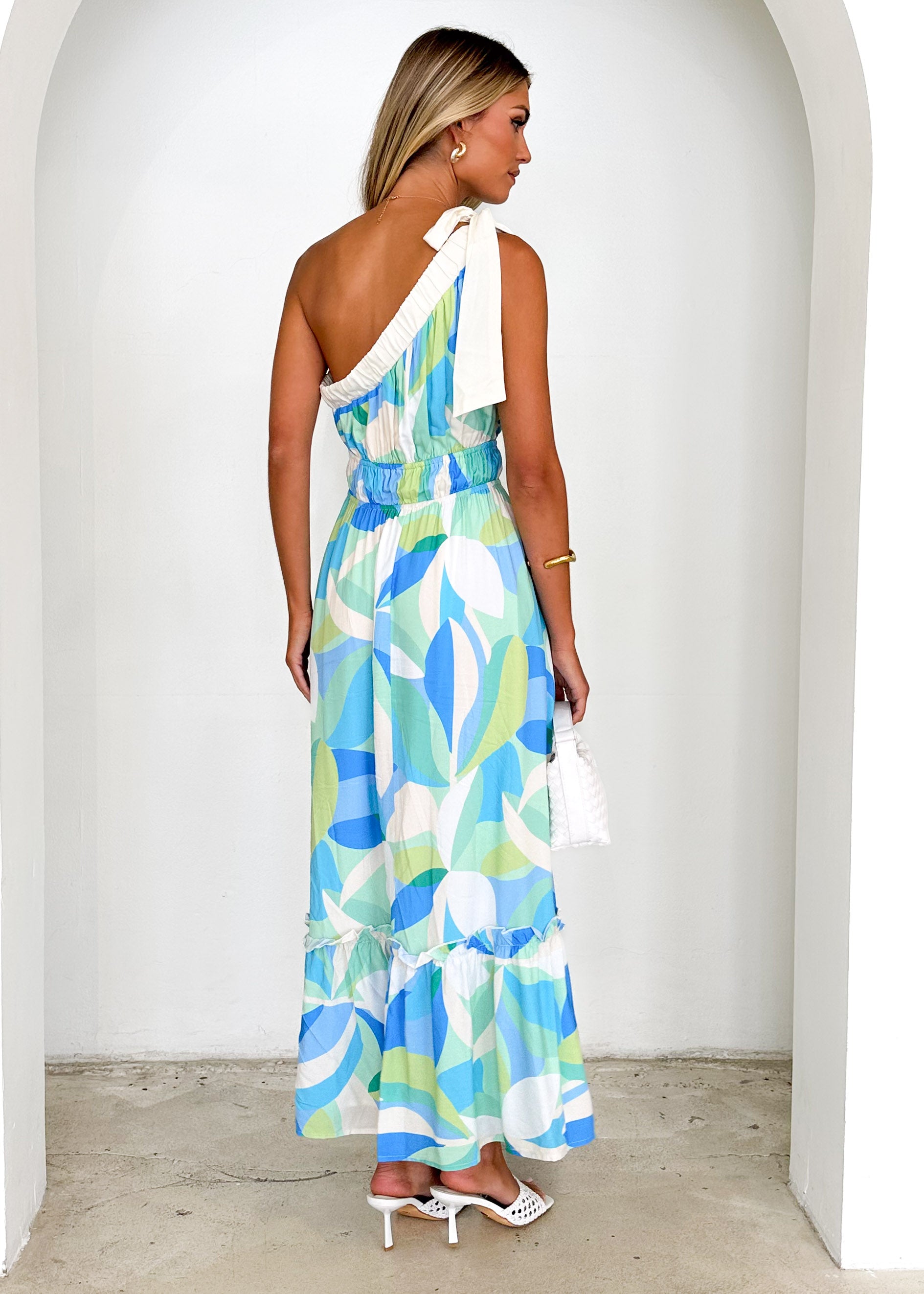 Rainfall One Shoulder Maxi Dress - Blue Abstract