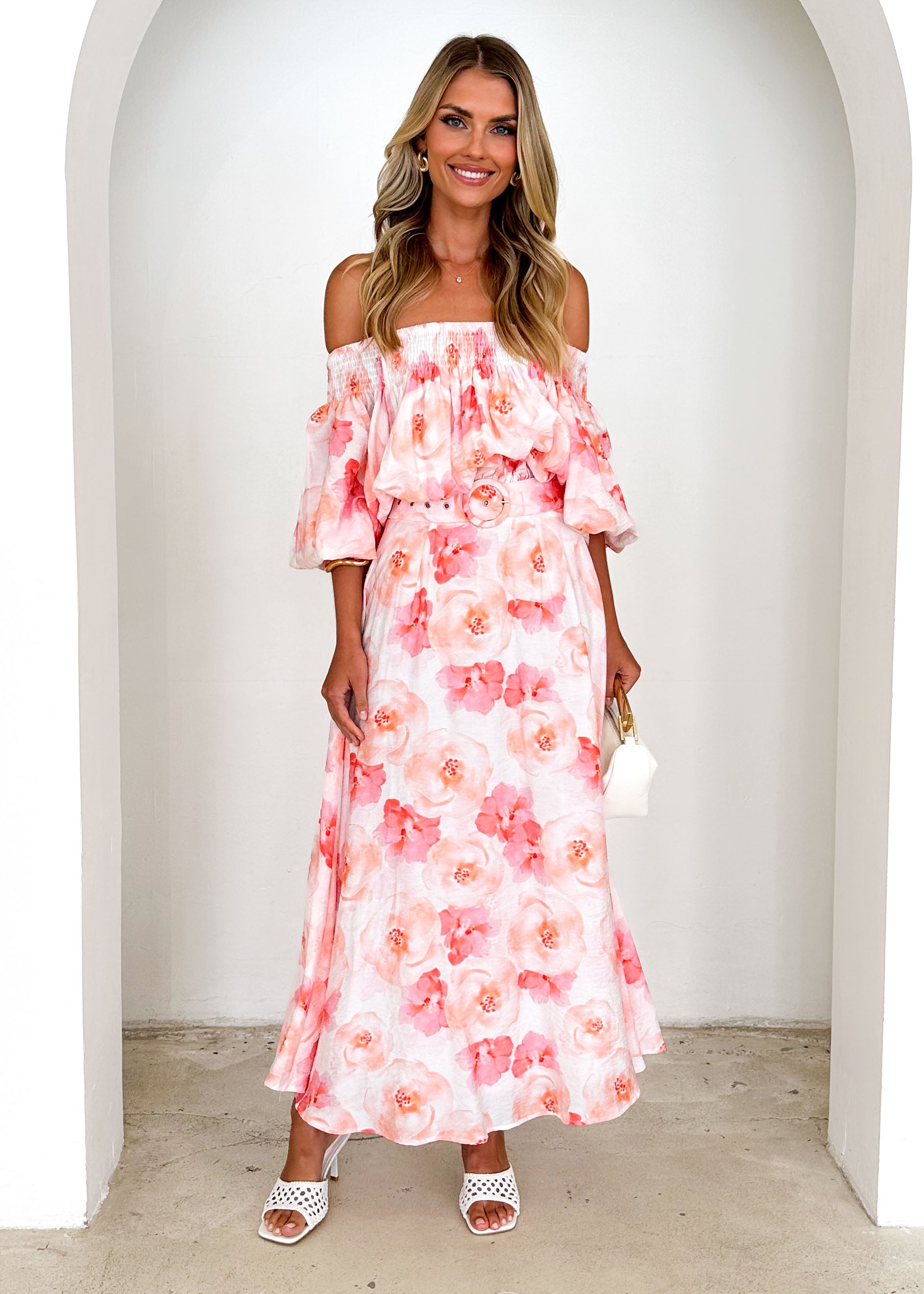 Talu Off Shoulder Midi Dress - Peach Flowers