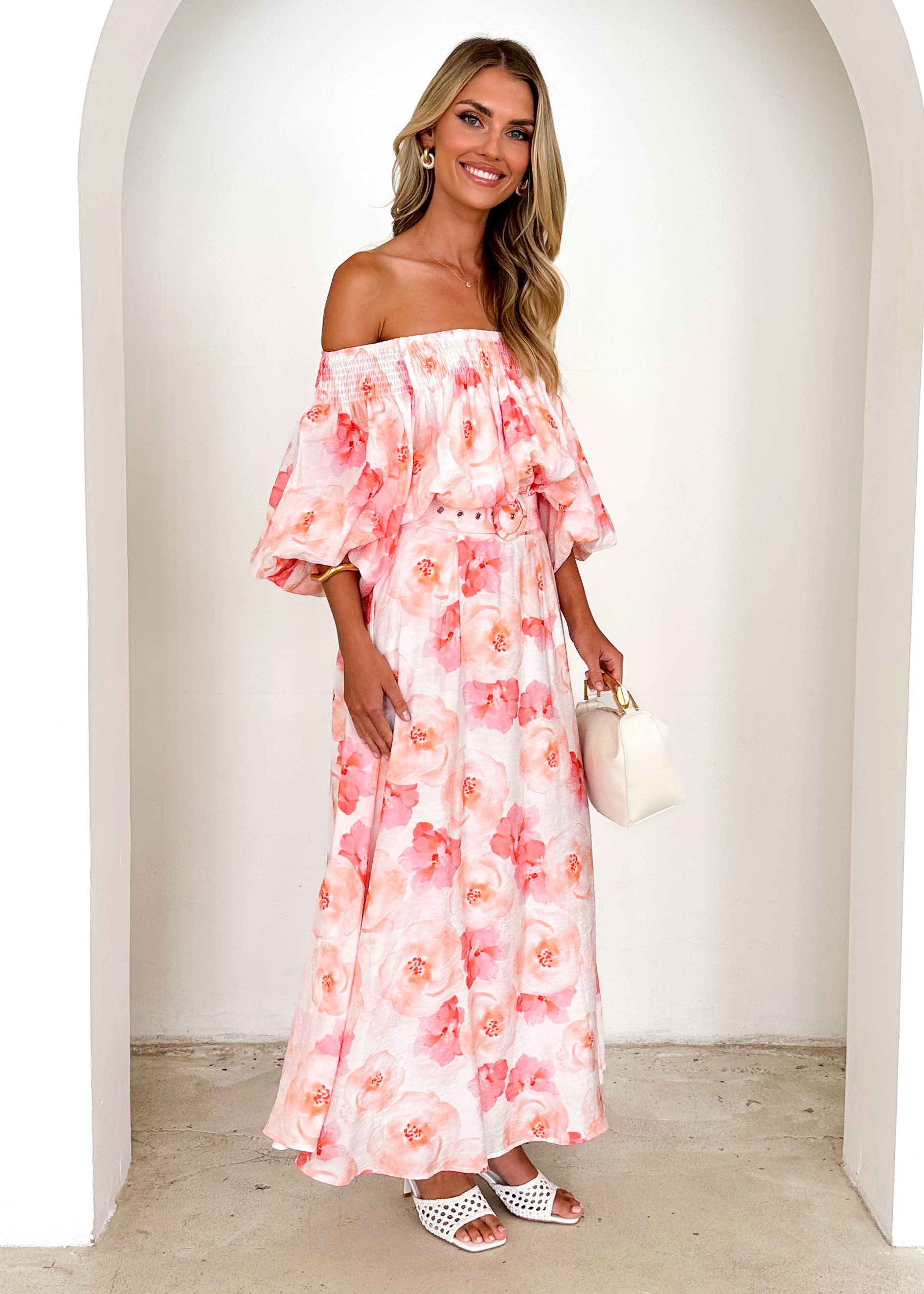 Talu Off Shoulder Midi Dress - Peach Flowers