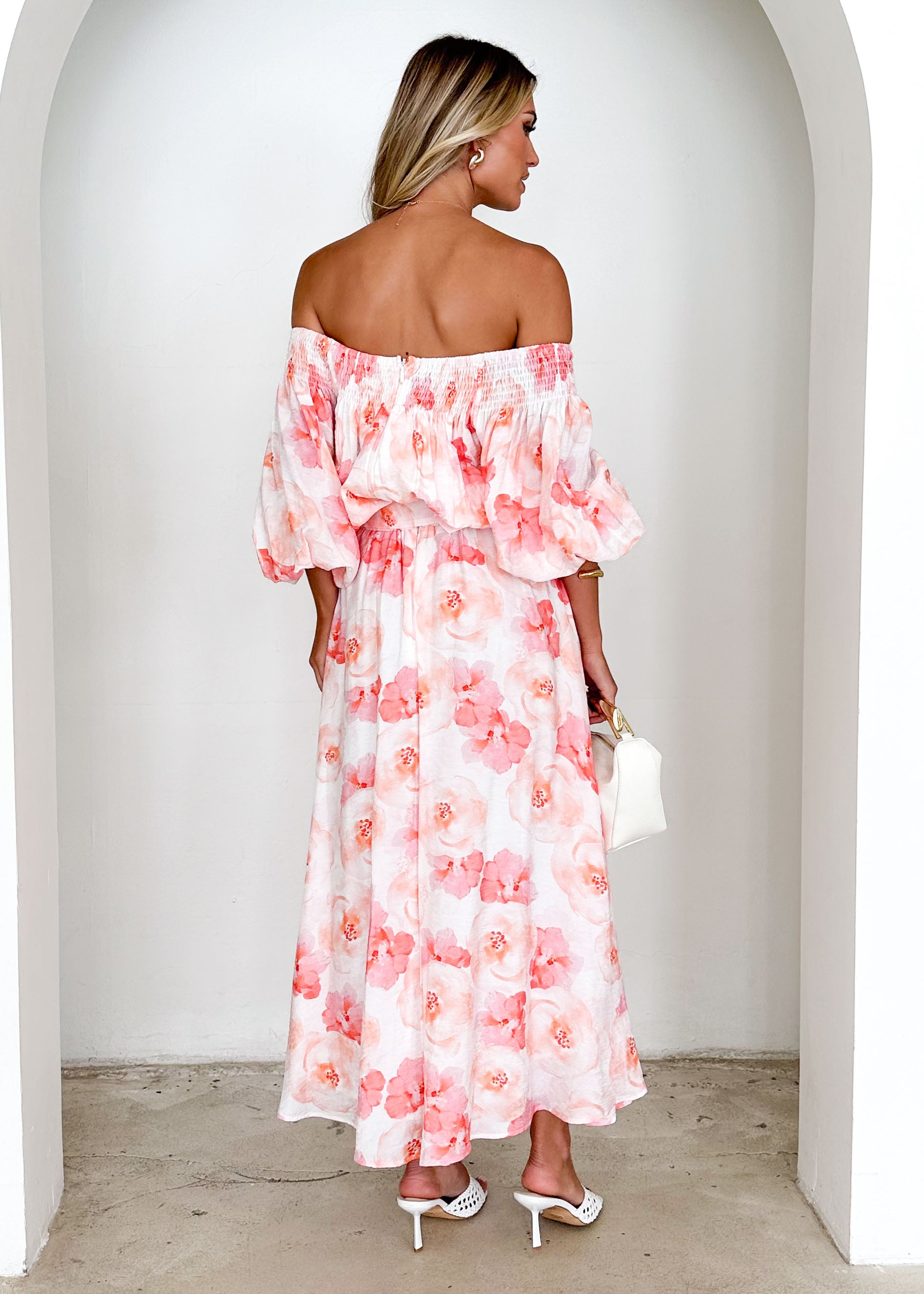 Talu Off Shoulder Midi Dress - Peach Flowers