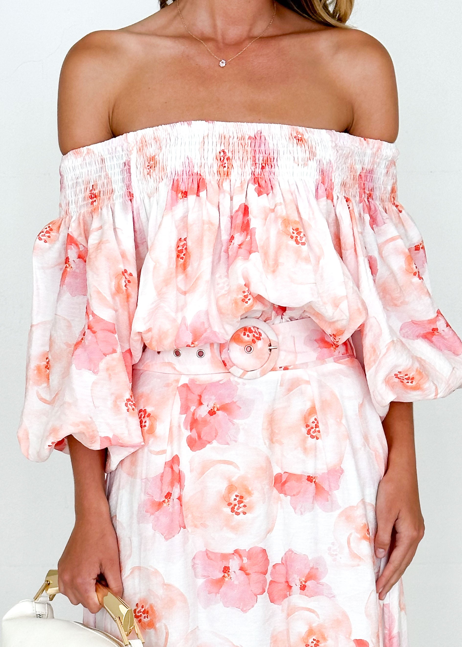 Talu Off Shoulder Midi Dress - Peach Flowers