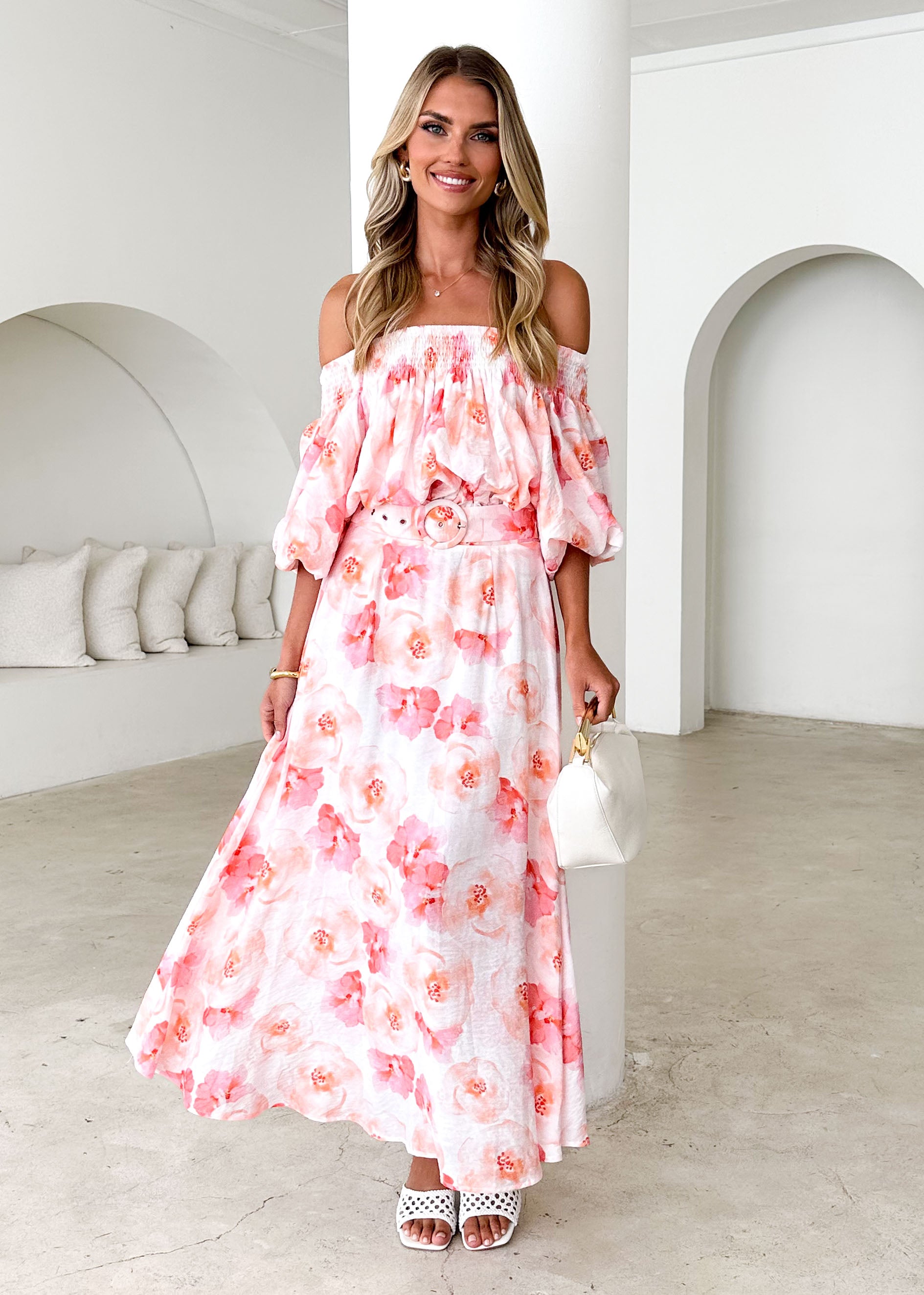 Talu Off Shoulder Midi Dress - Peach Flowers