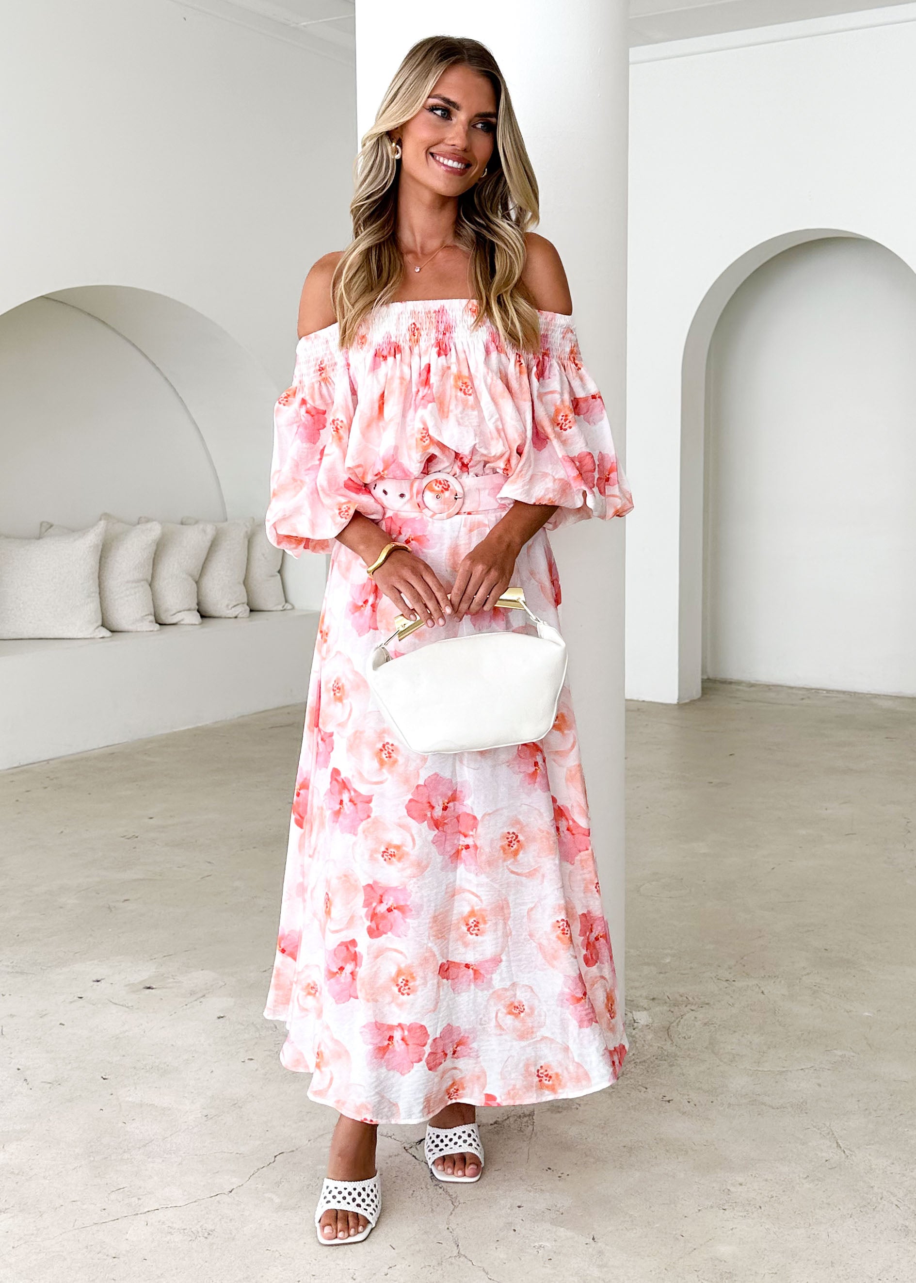 Talu Off Shoulder Midi Dress - Peach Flowers