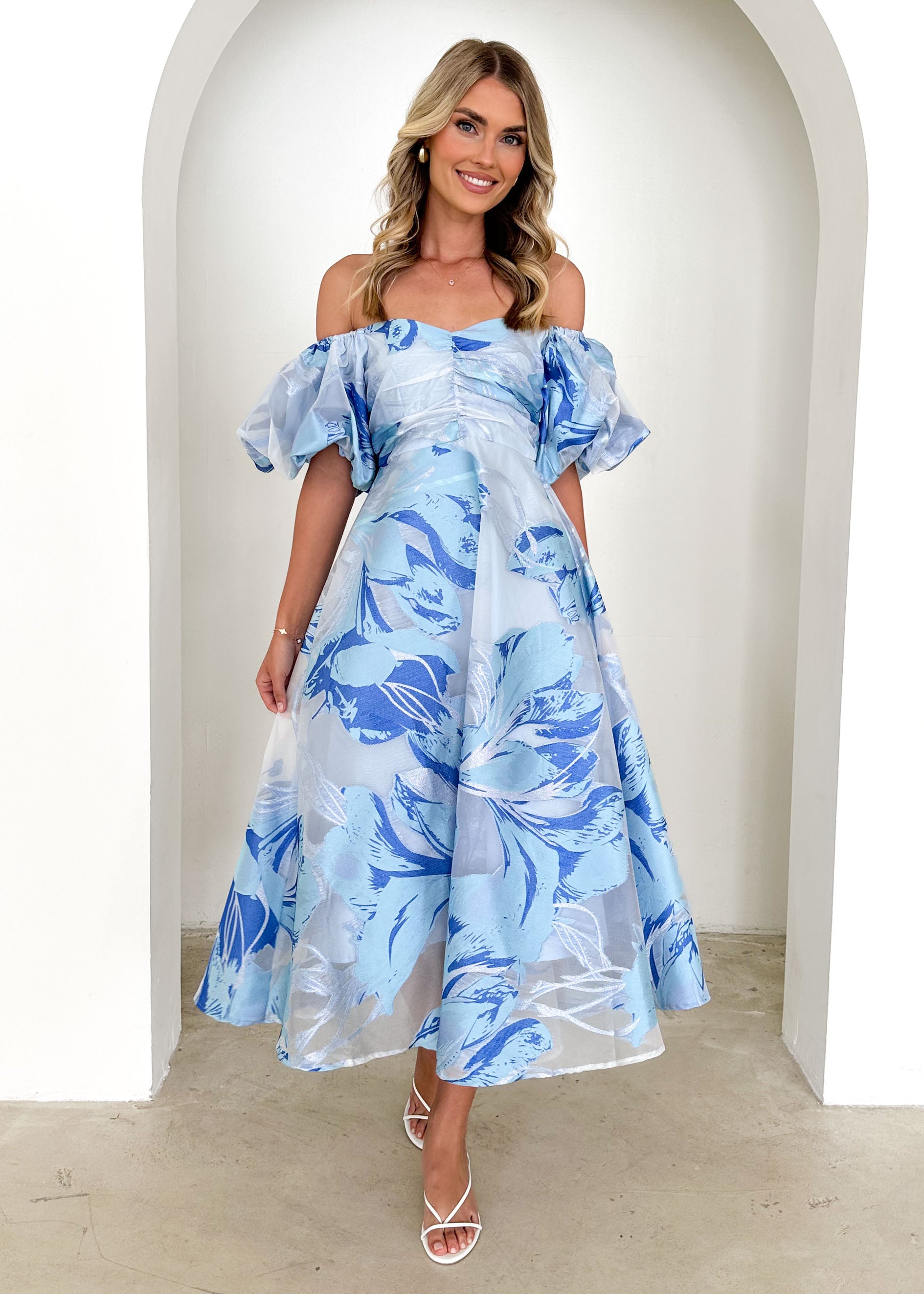 Anaya Off Shoulder Midi Dress - Sky Jacquard