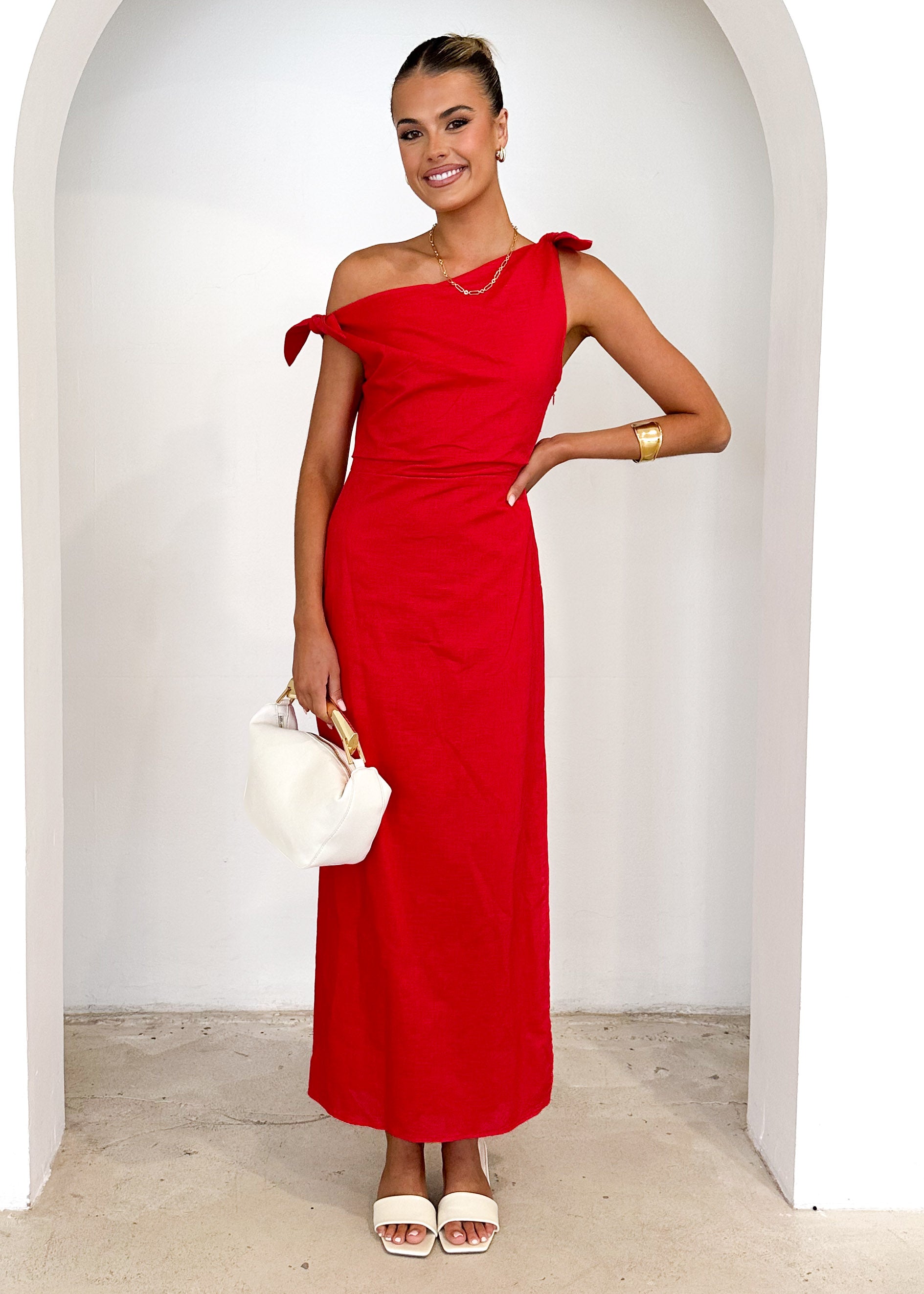 Lanto One Shoulder Midi Dress - Red