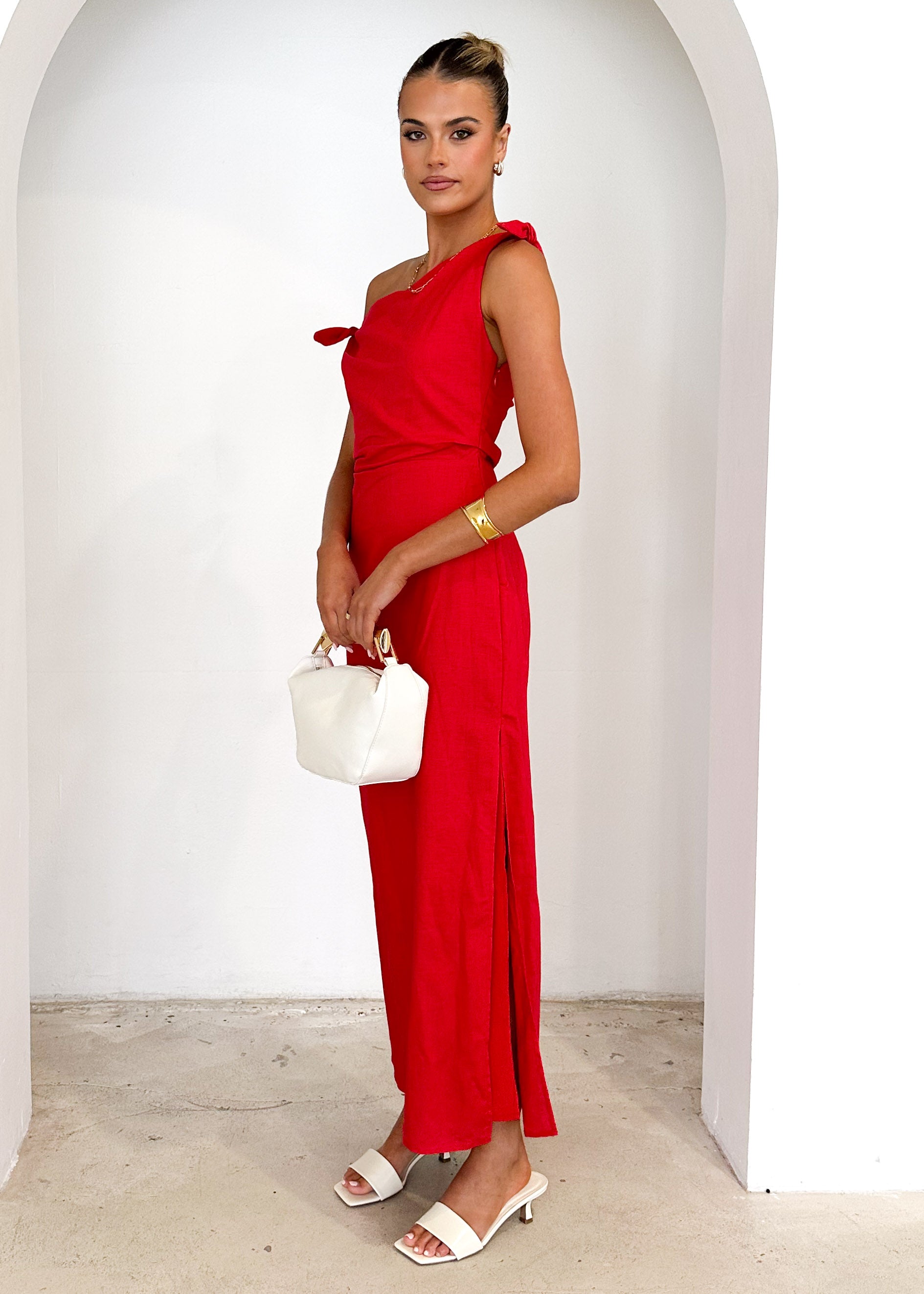 Lanto One Shoulder Midi Dress - Red