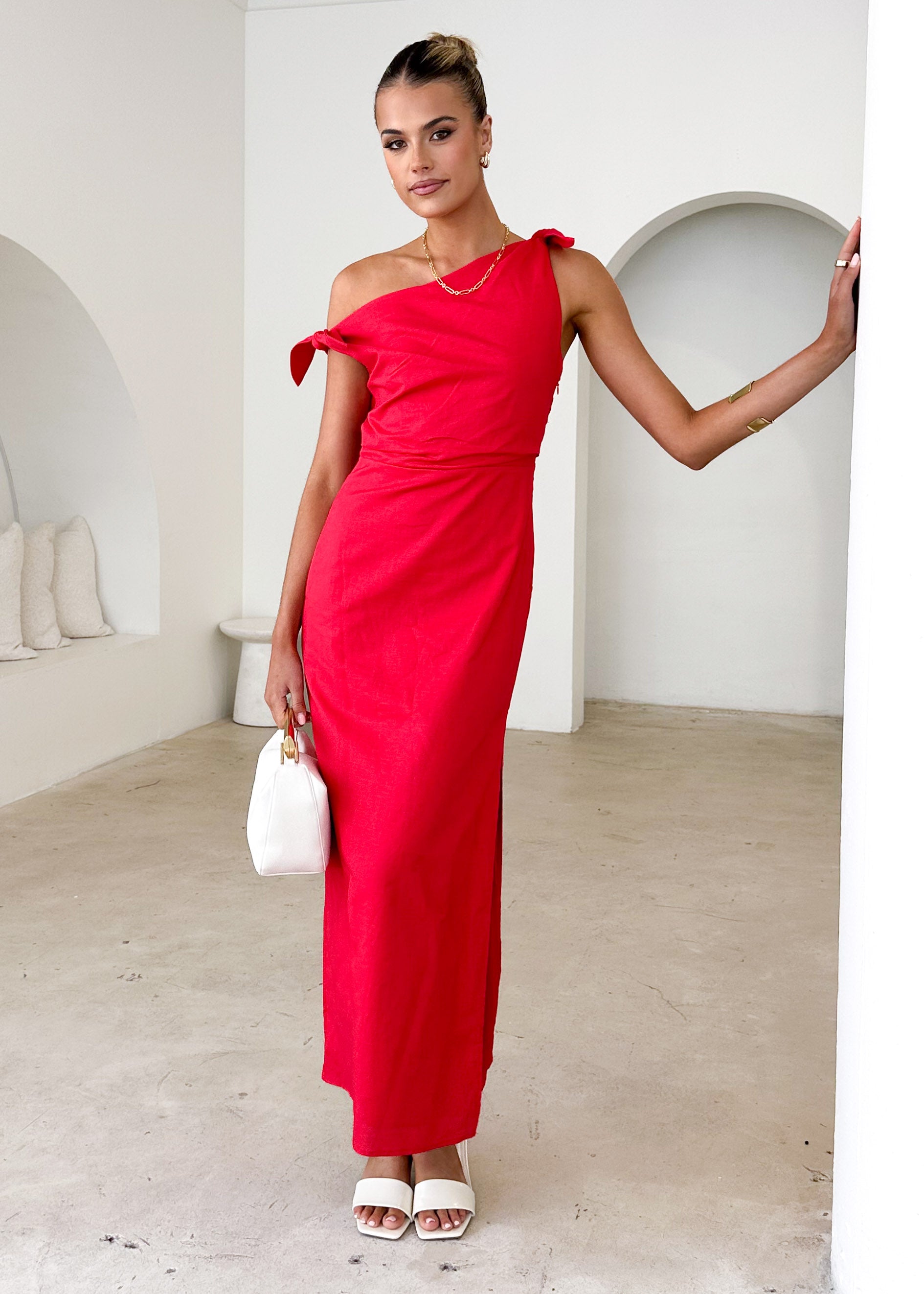 Lanto One Shoulder Midi Dress - Red