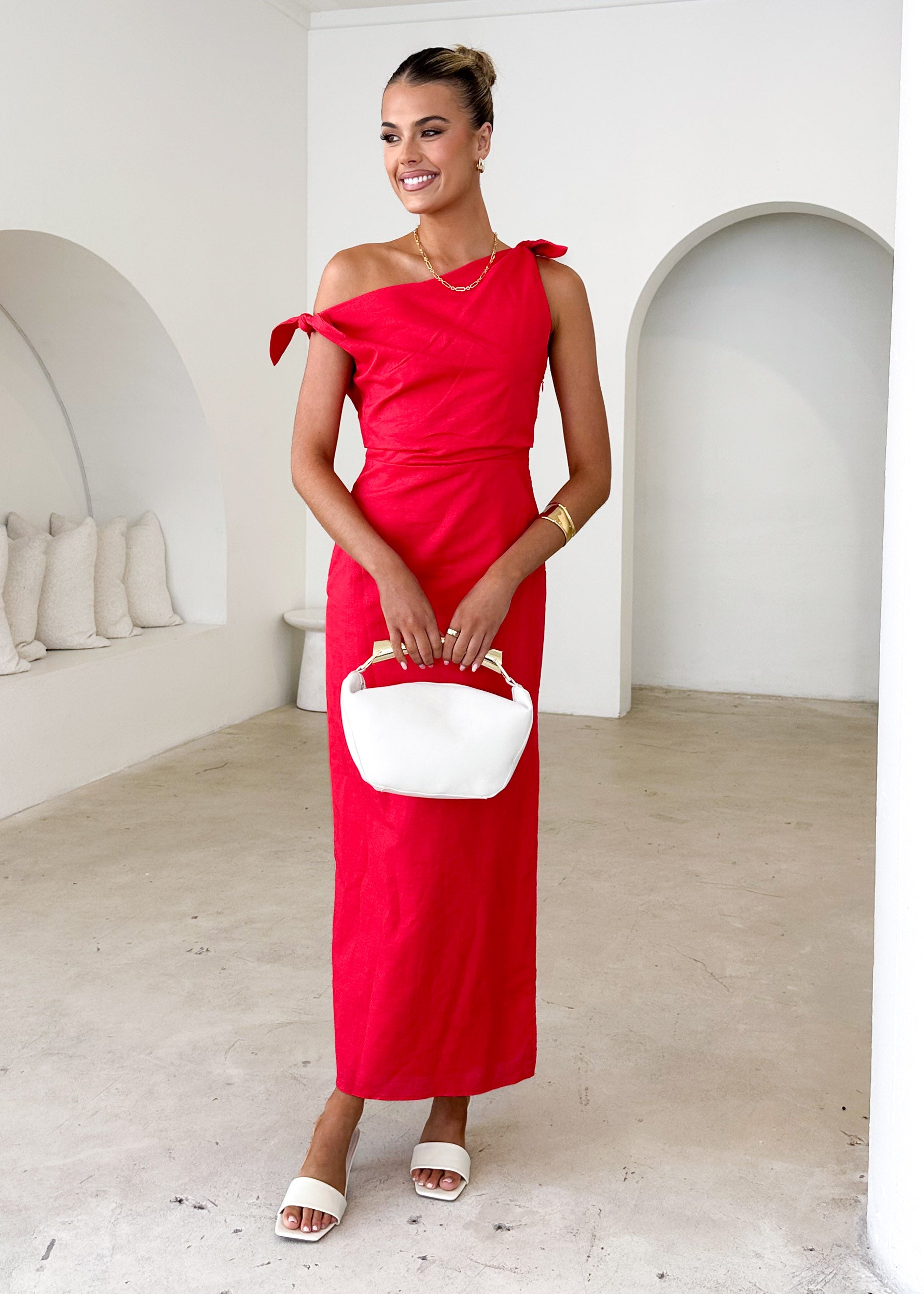 Lanto One Shoulder Midi Dress - Red