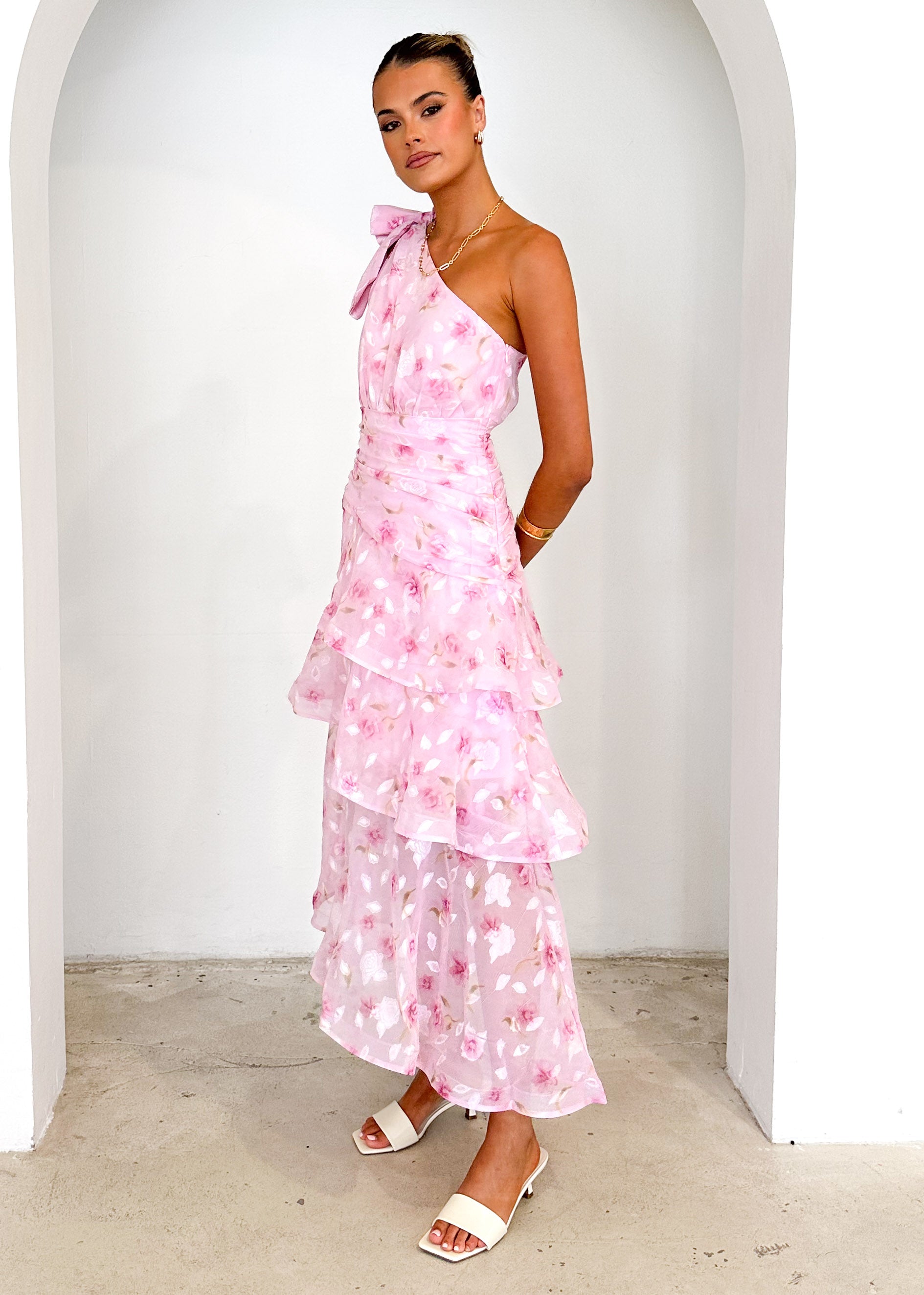 Pinnie One Shoulder Midi Dress - Pink Floral