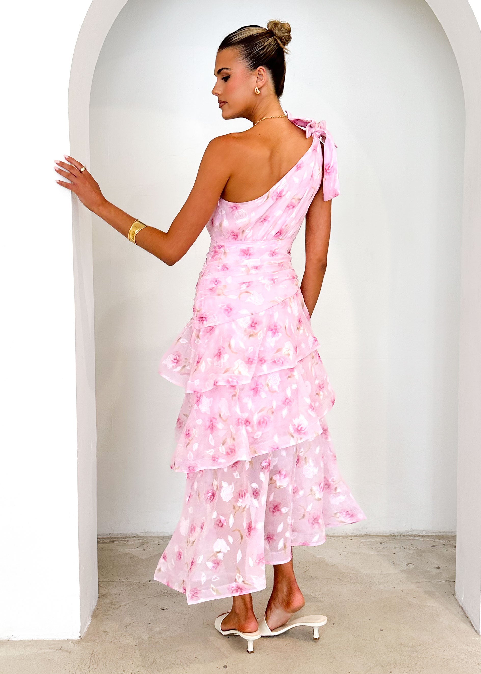 Pinnie One Shoulder Midi Dress - Pink Floral