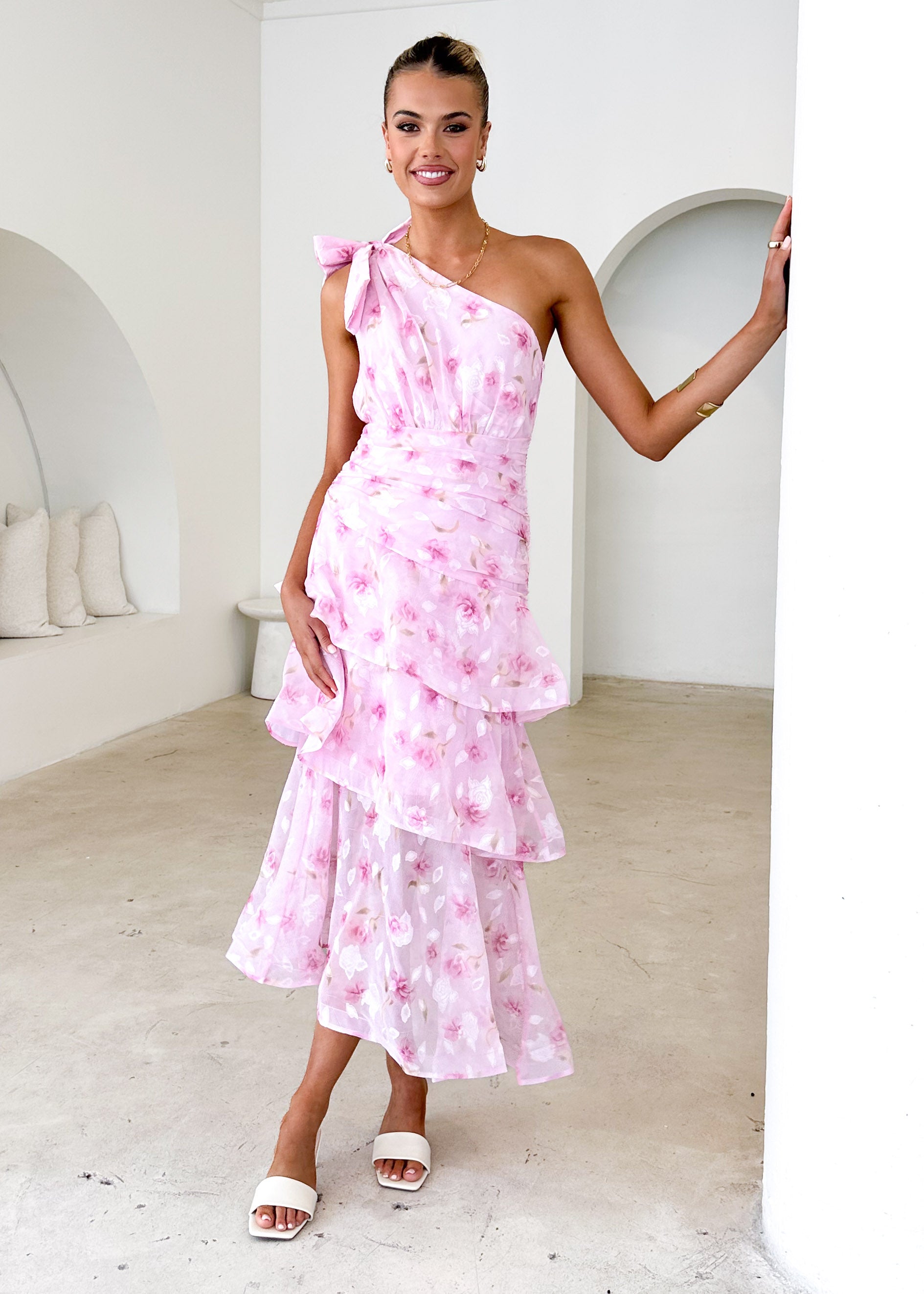 Pinnie One Shoulder Midi Dress - Pink Floral