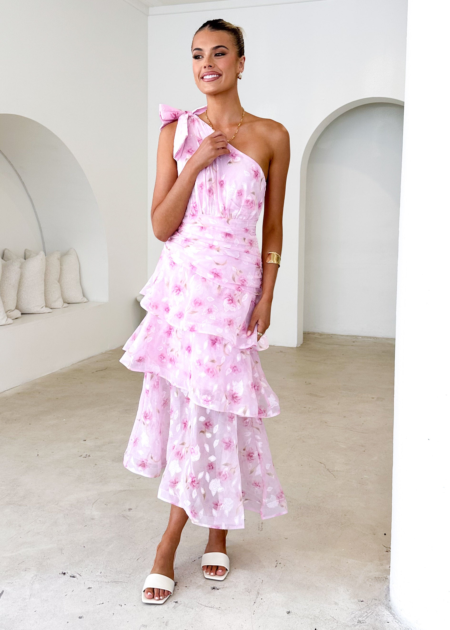 Pinnie One Shoulder Midi Dress - Pink Floral