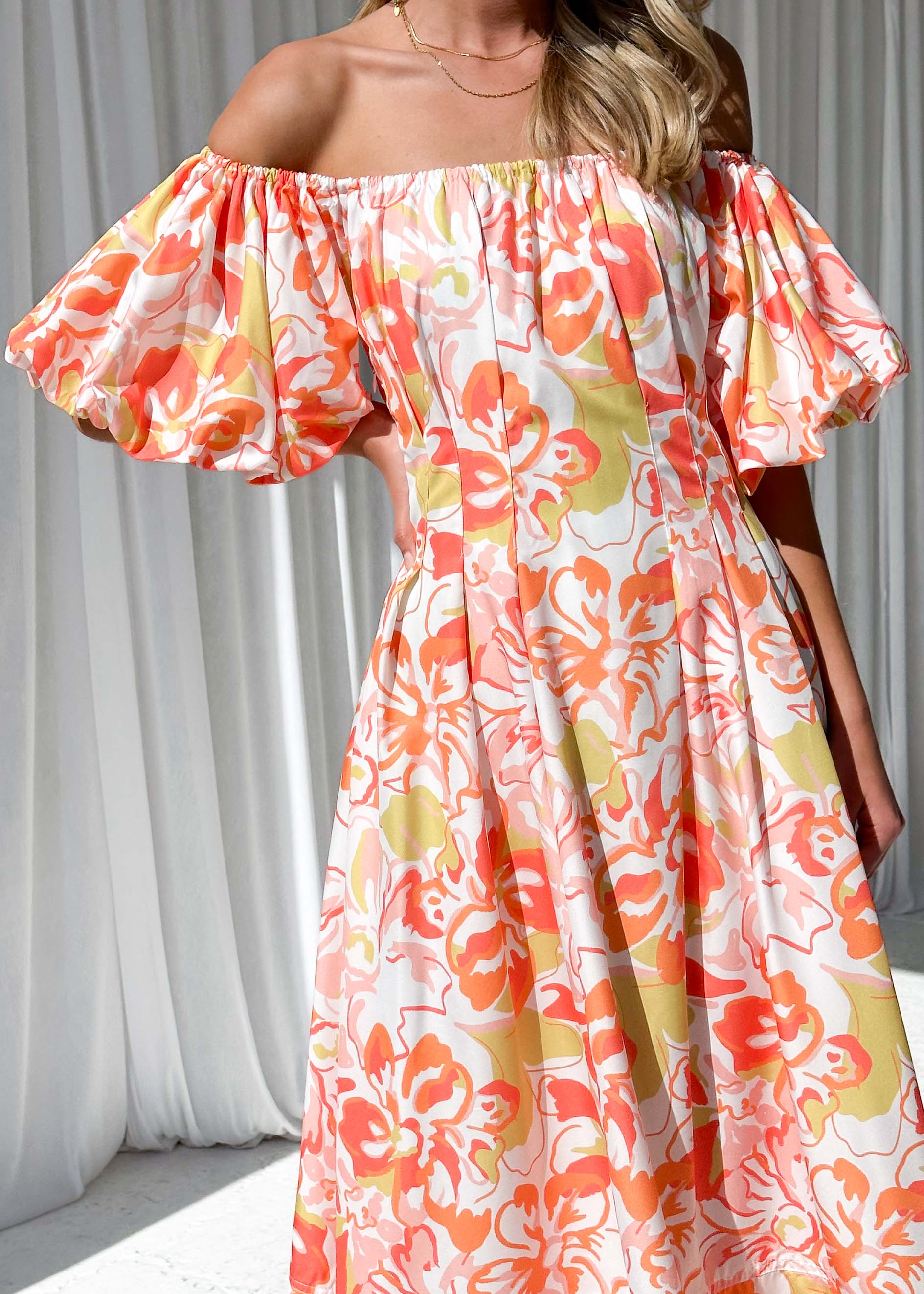 Jasmyn Off Shoulder Midi Dress - Mango Hibiscus