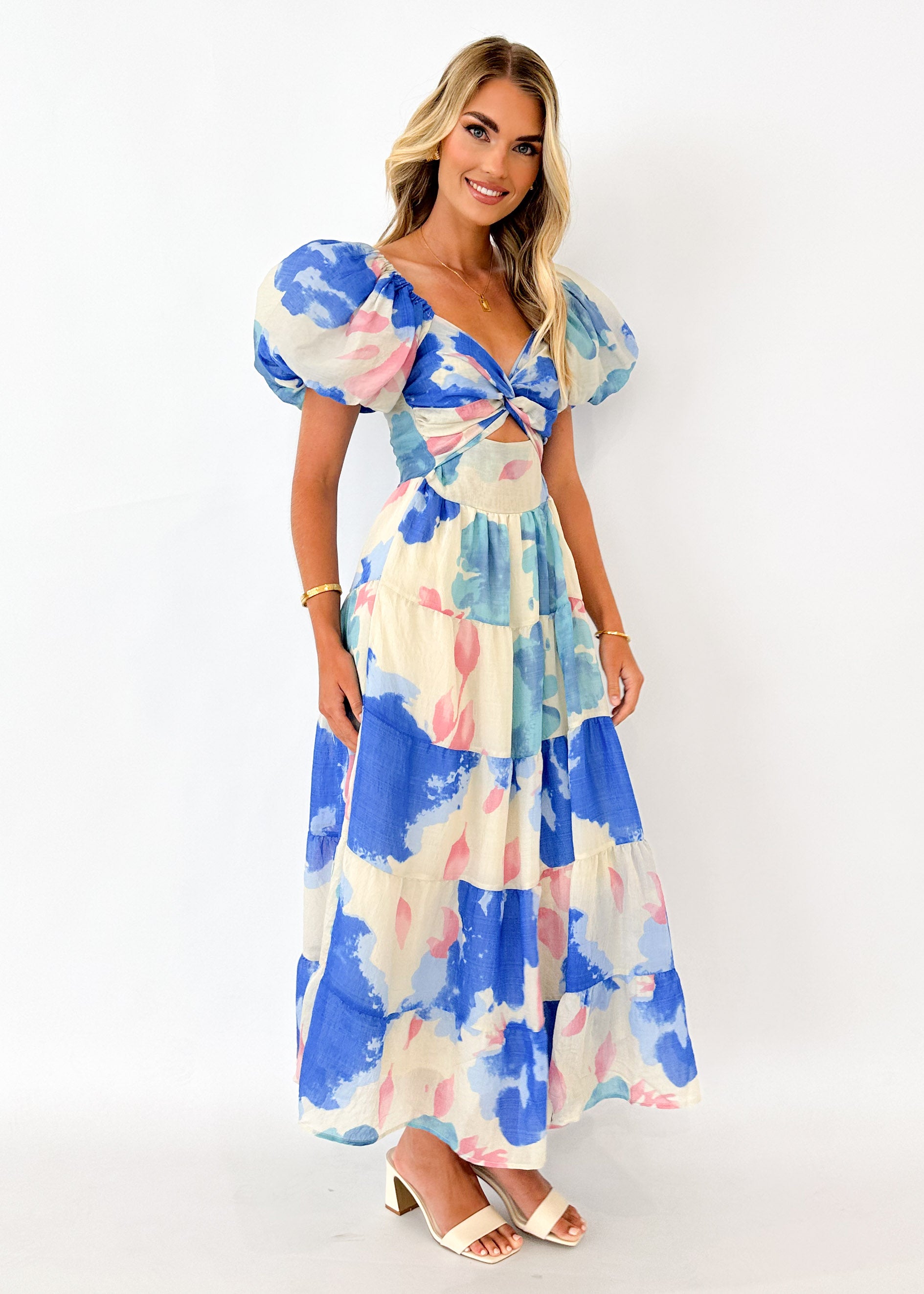 Melissandre Off Shoulder Midi Dress - Blue Floral