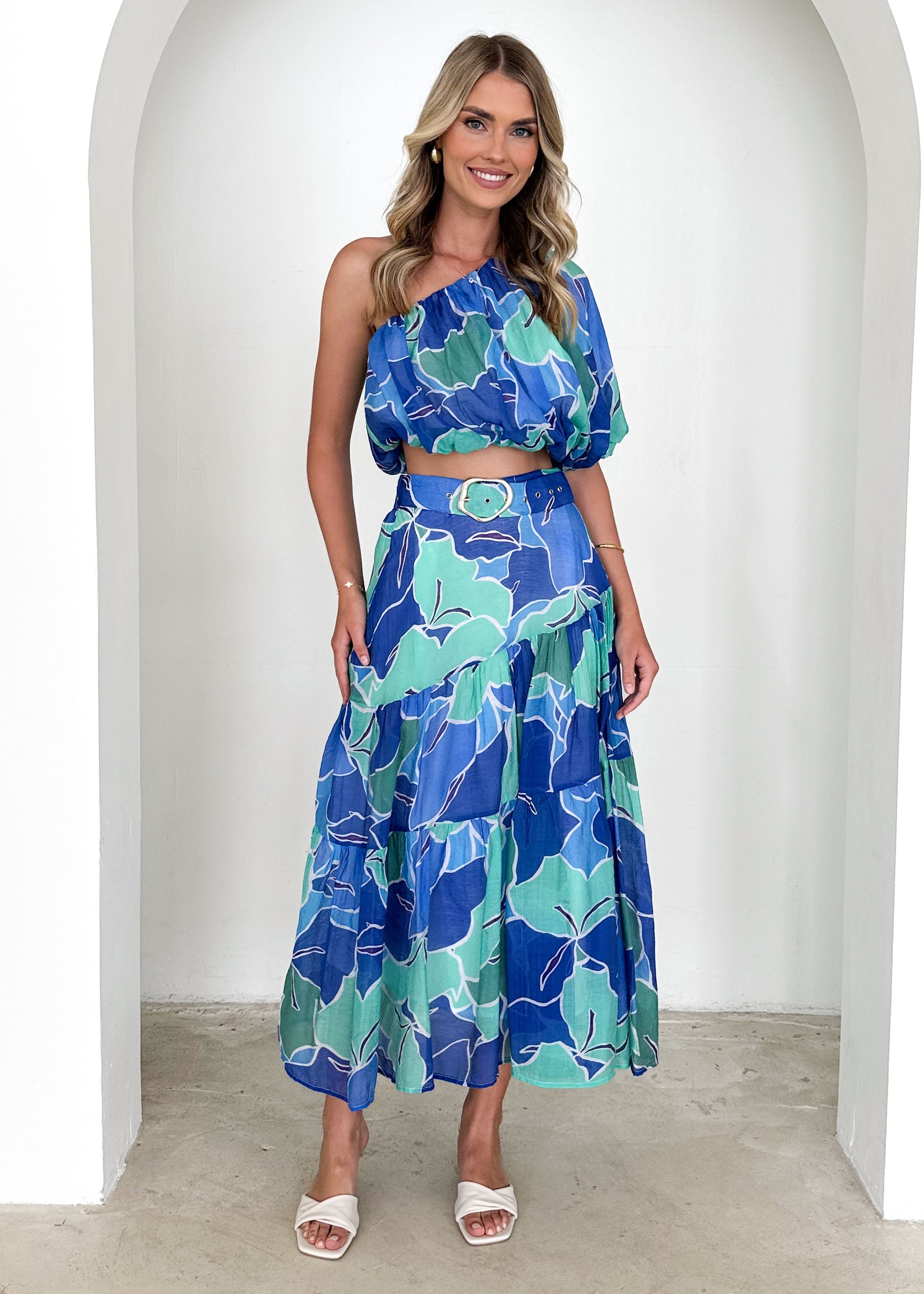 Ivanna One Shoulder Crop - Blue Abstract