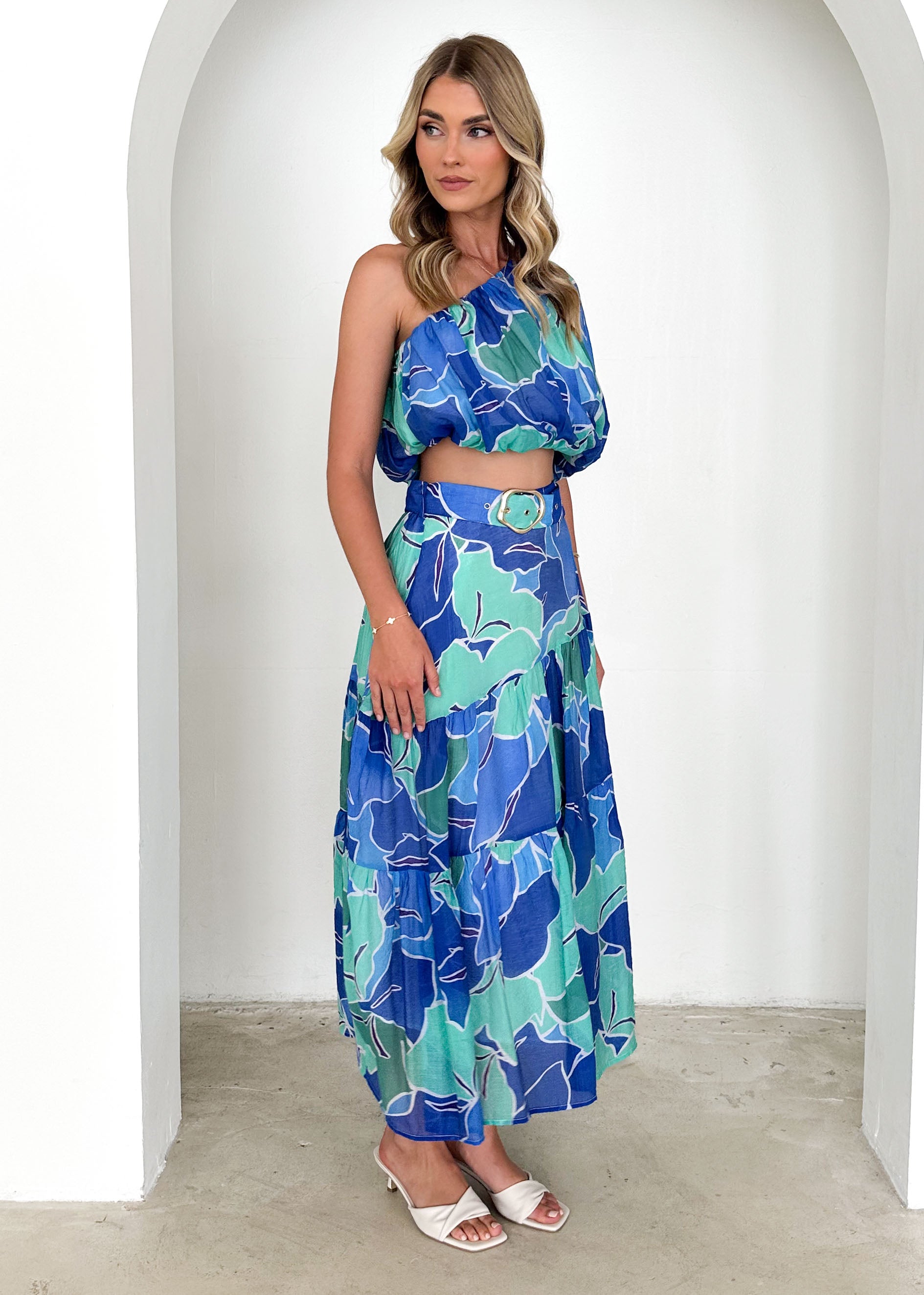 Ivanna One Shoulder Crop - Blue Abstract