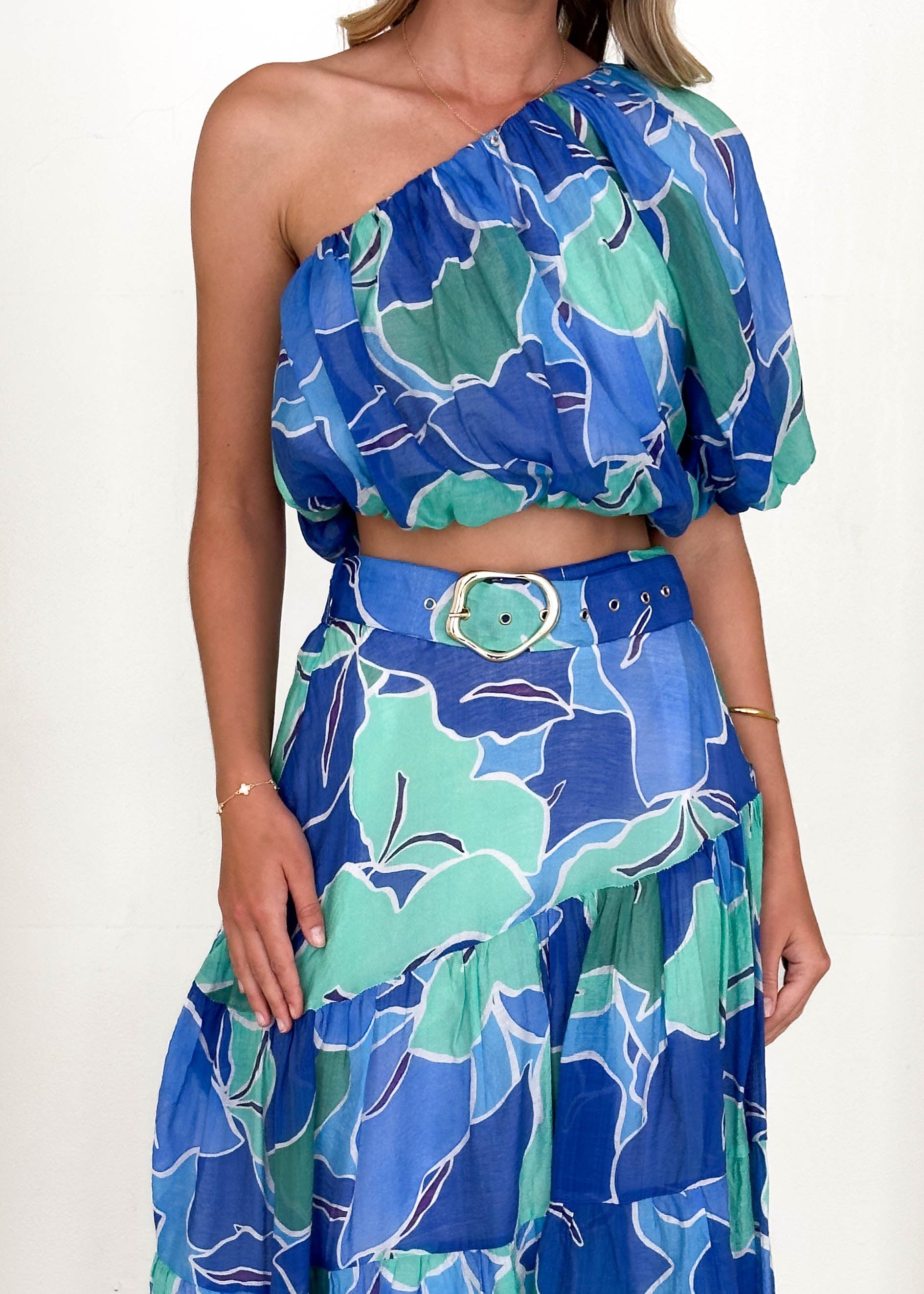 Ivanna One Shoulder Crop - Blue Abstract