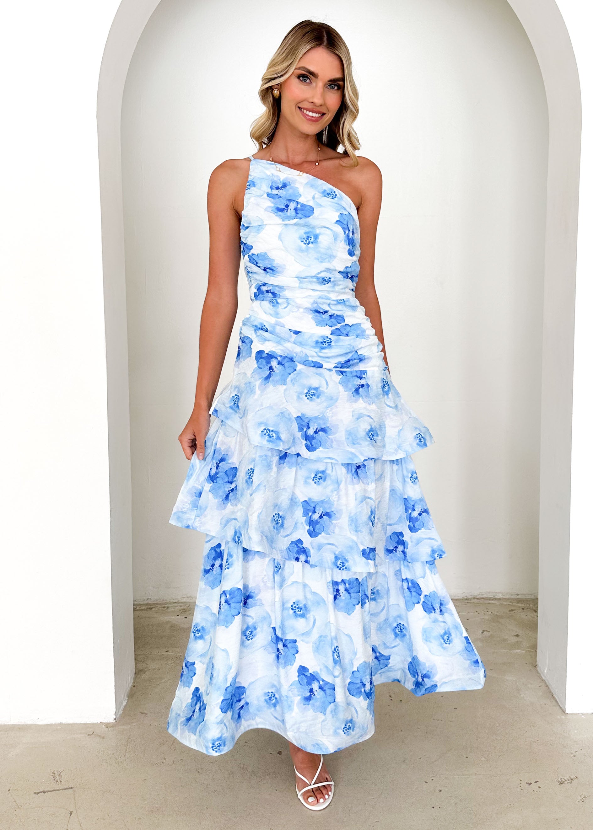 Aspra One Shoulder Midi Dress - Blue Flowers