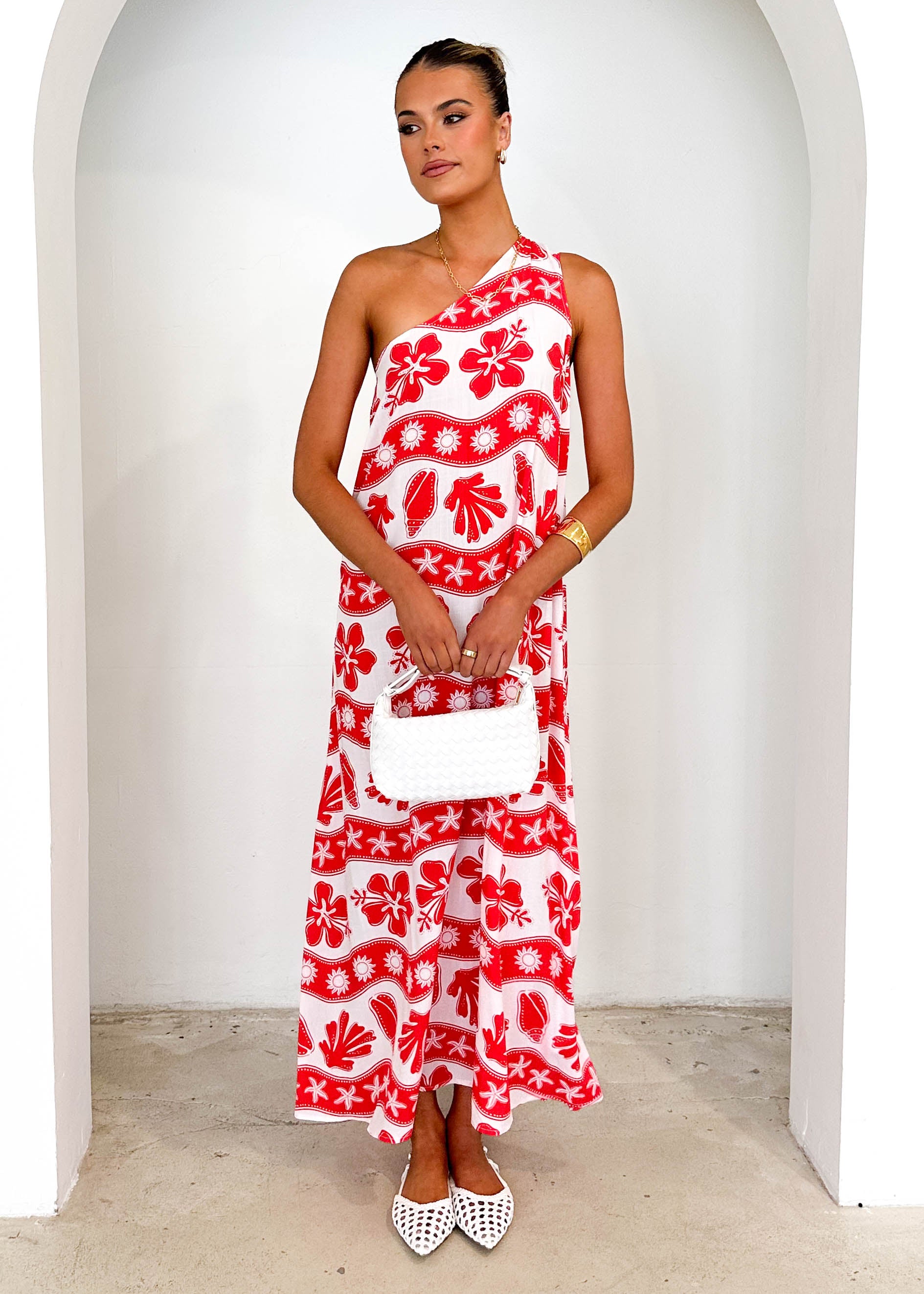 Boderie One Shoulder Maxi Dress - Red Kaida