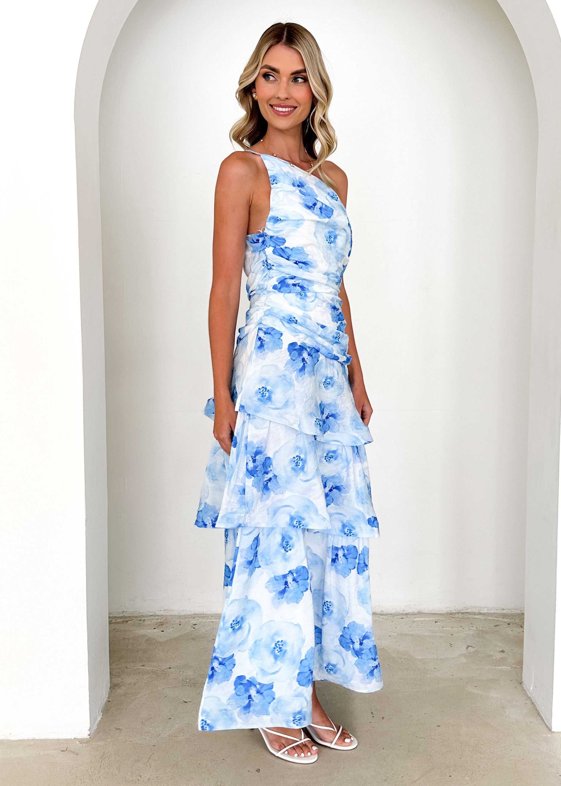 Aspra One Shoulder Midi Dress - Blue Flowers