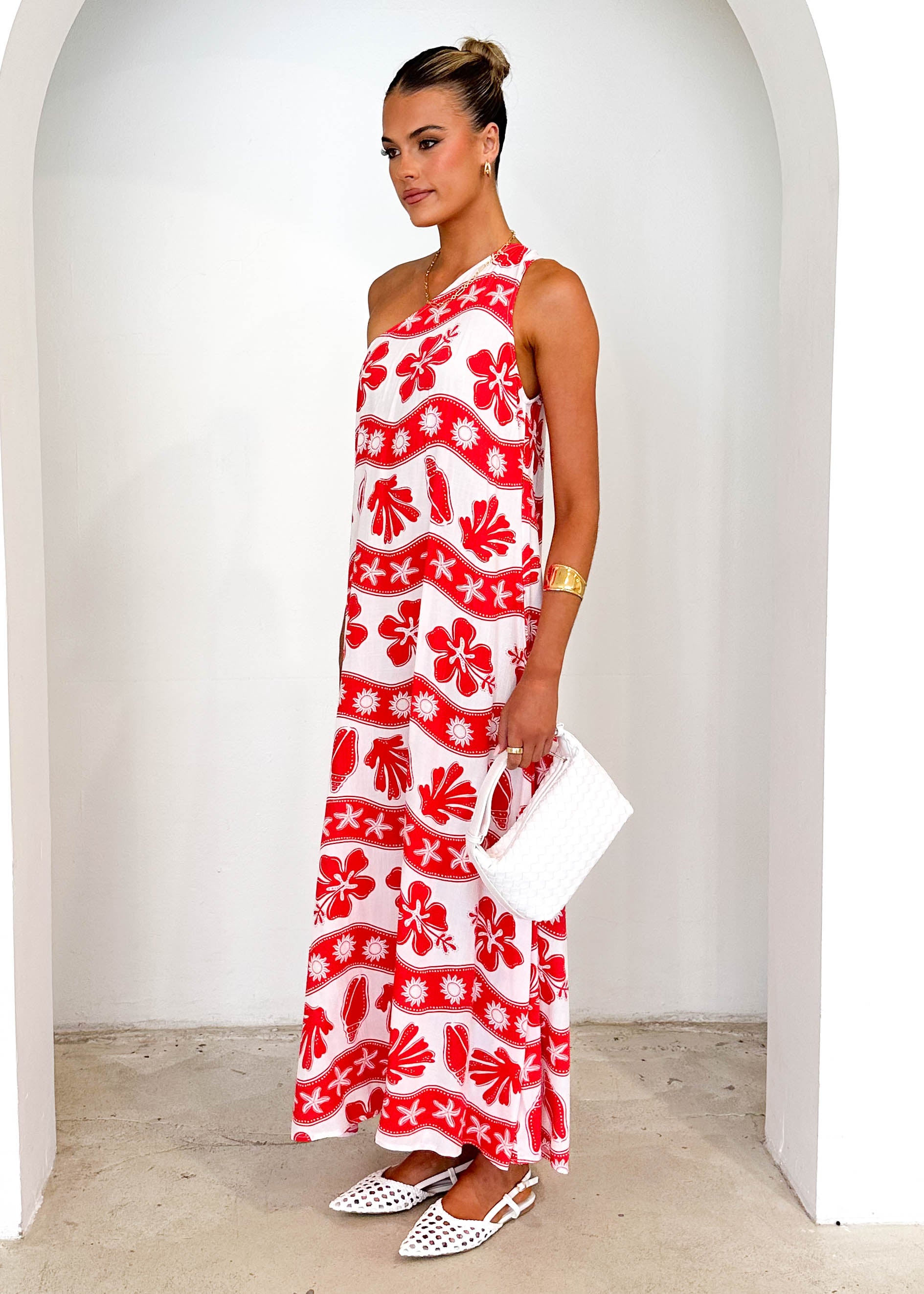 Boderie One Shoulder Maxi Dress - Red Kaida