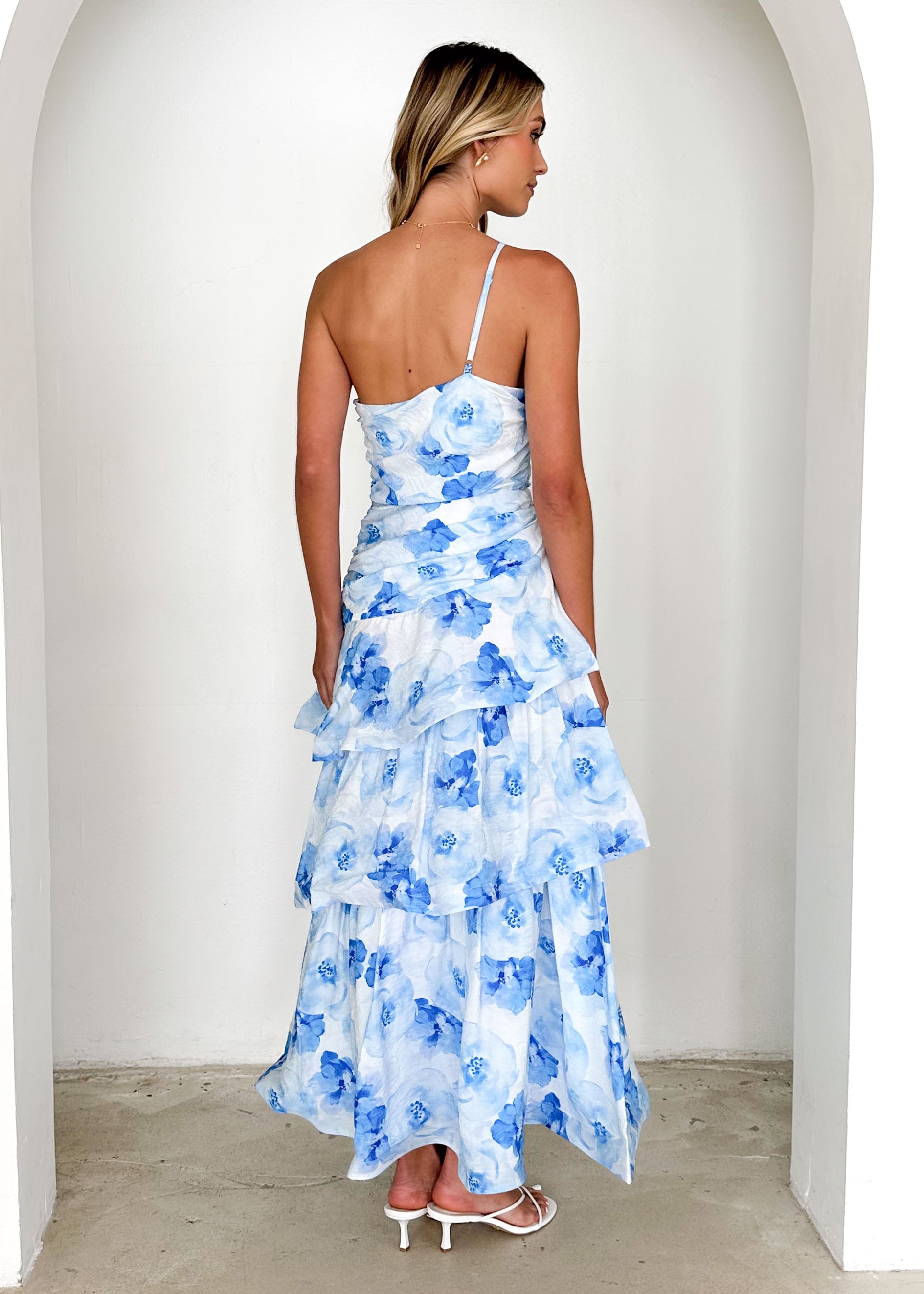 Aspra One Shoulder Midi Dress - Blue Flowers