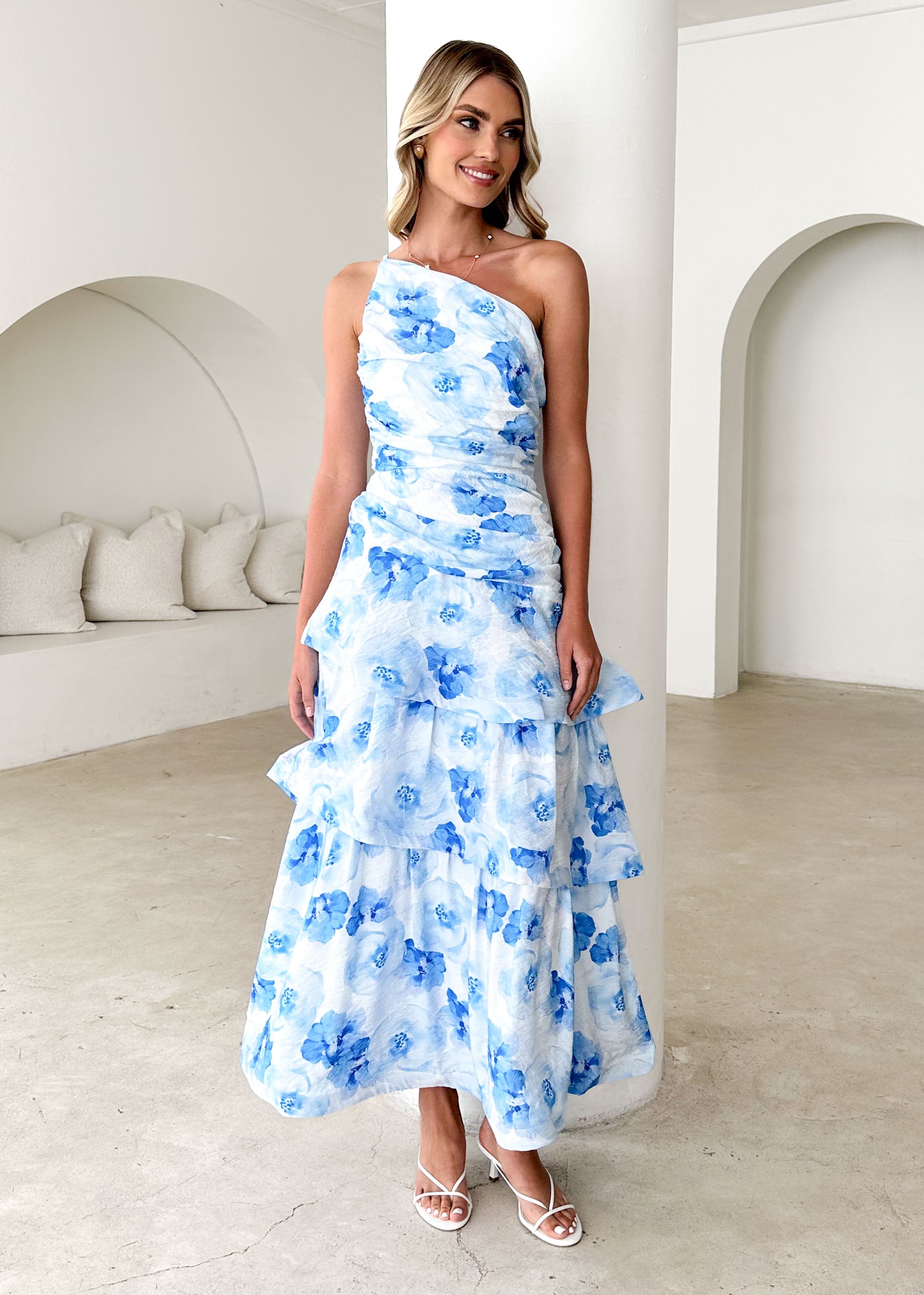 Aspra One Shoulder Midi Dress - Blue Flowers