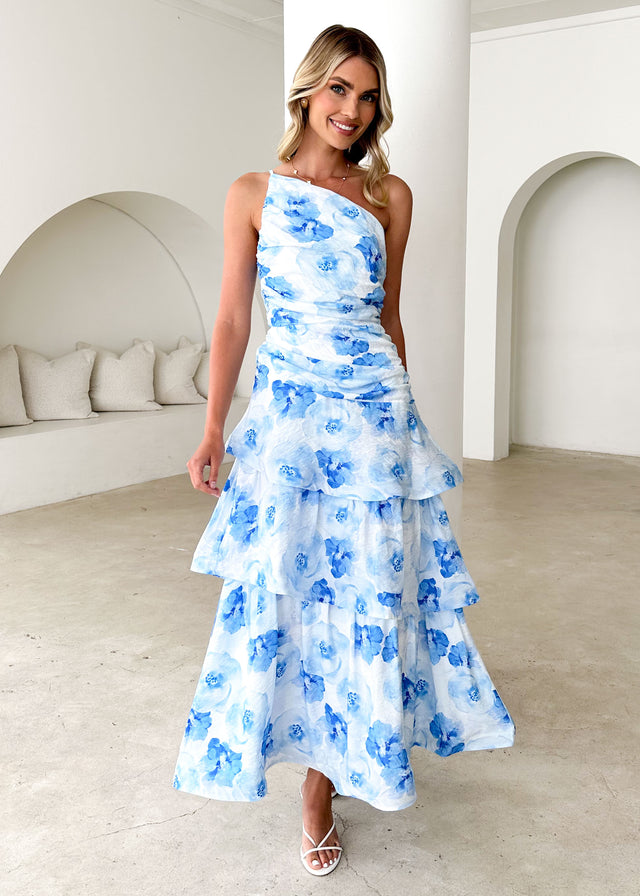 Aspra One Shoulder Midi Dress - Blue Flowers Gingham & Heels Aspra One Shoulder Midi Dress - Blue Flowers Gingham & Heels