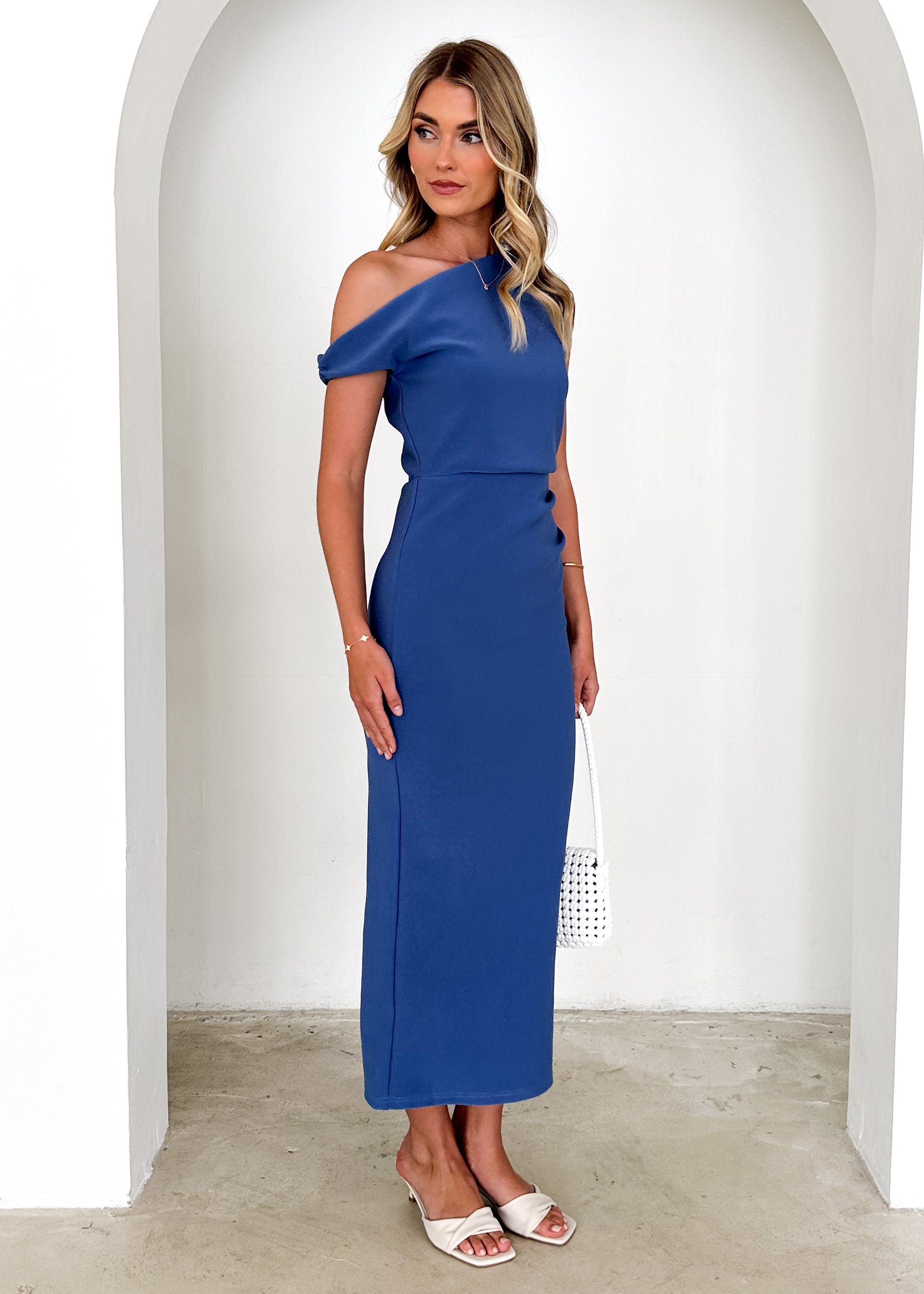 Java Off Shoulder Midi Dress - Steel Blue