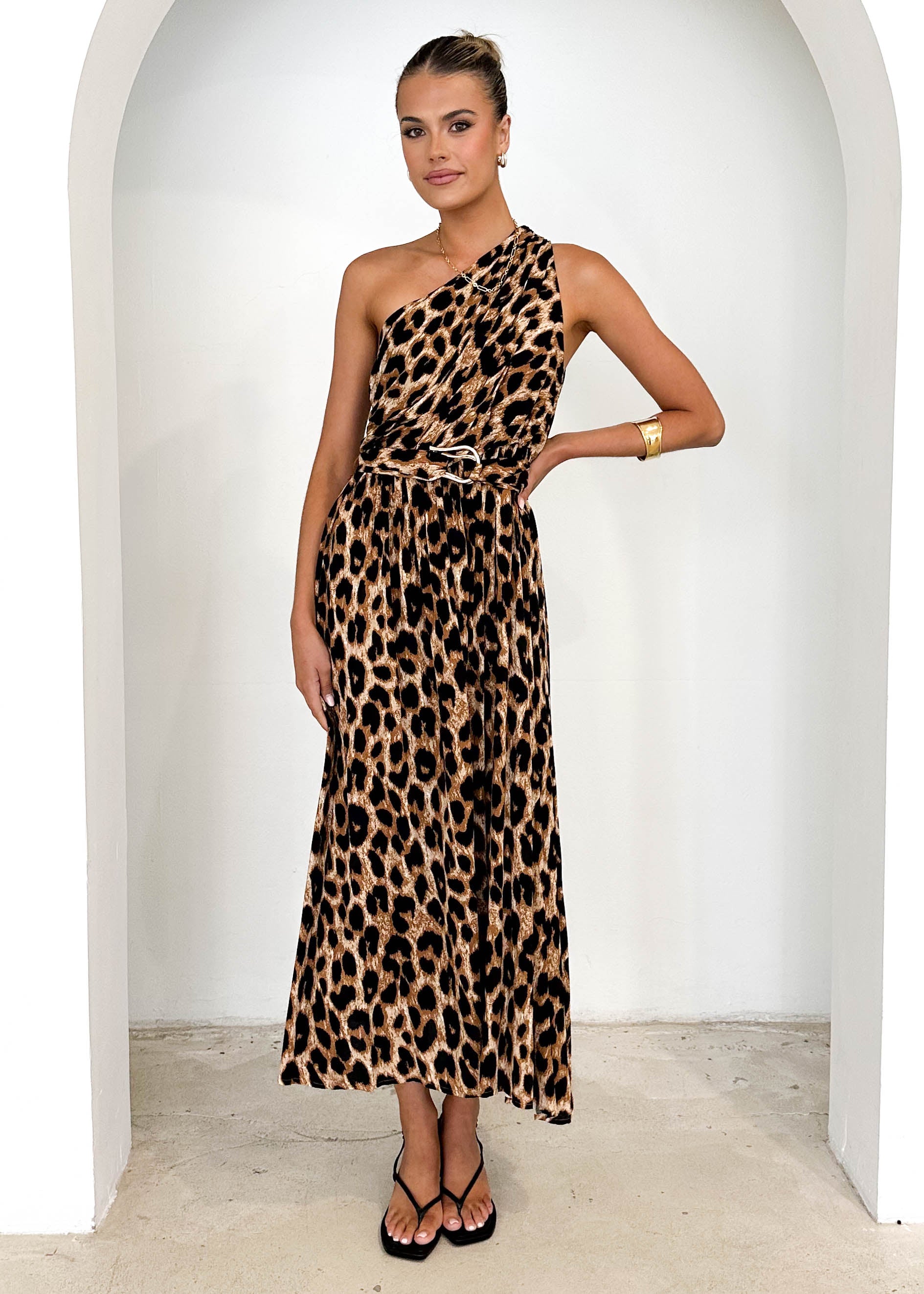 Korah One Shoulder Midi Dress - Leopard