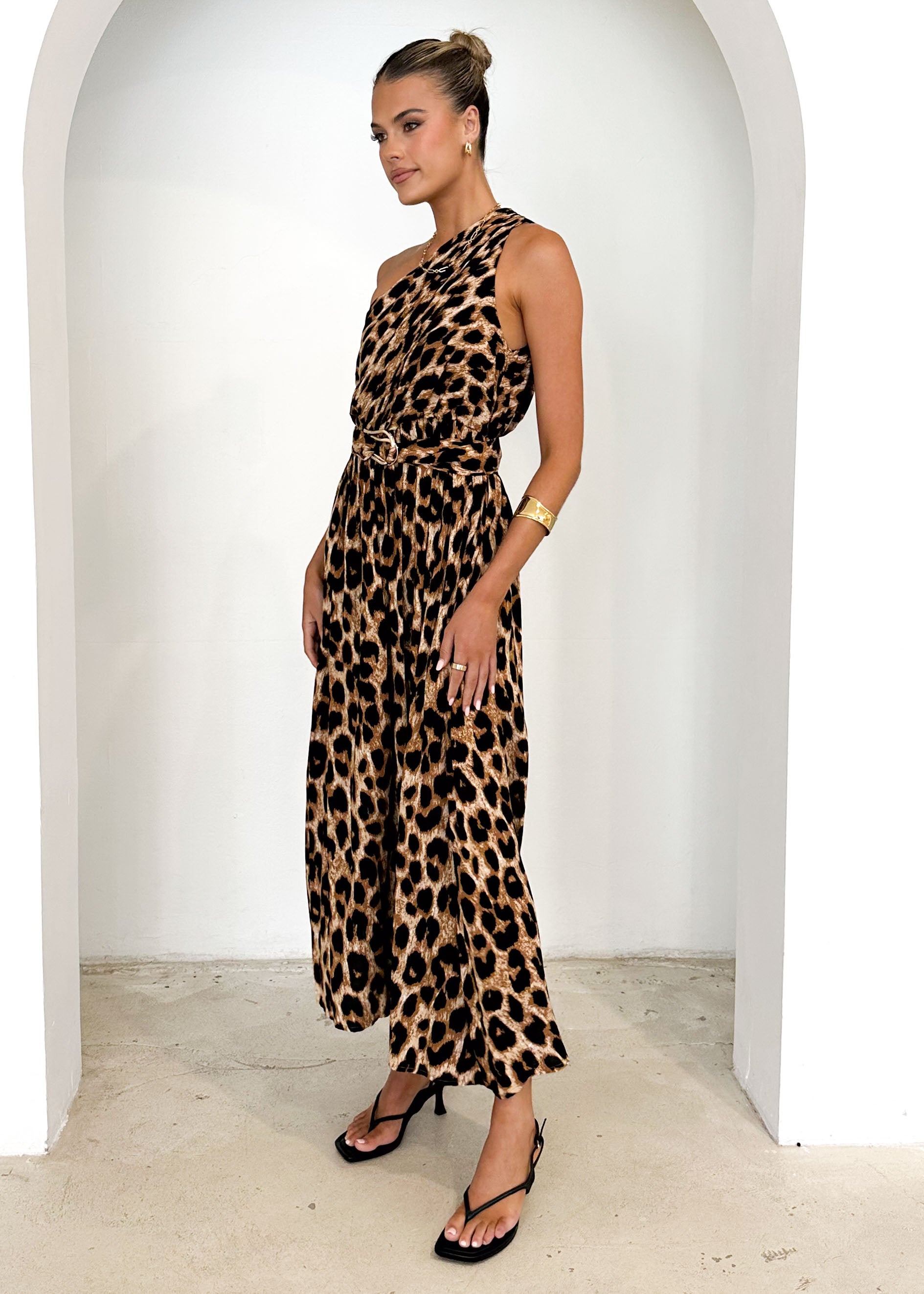 Korah One Shoulder Midi Dress - Leopard