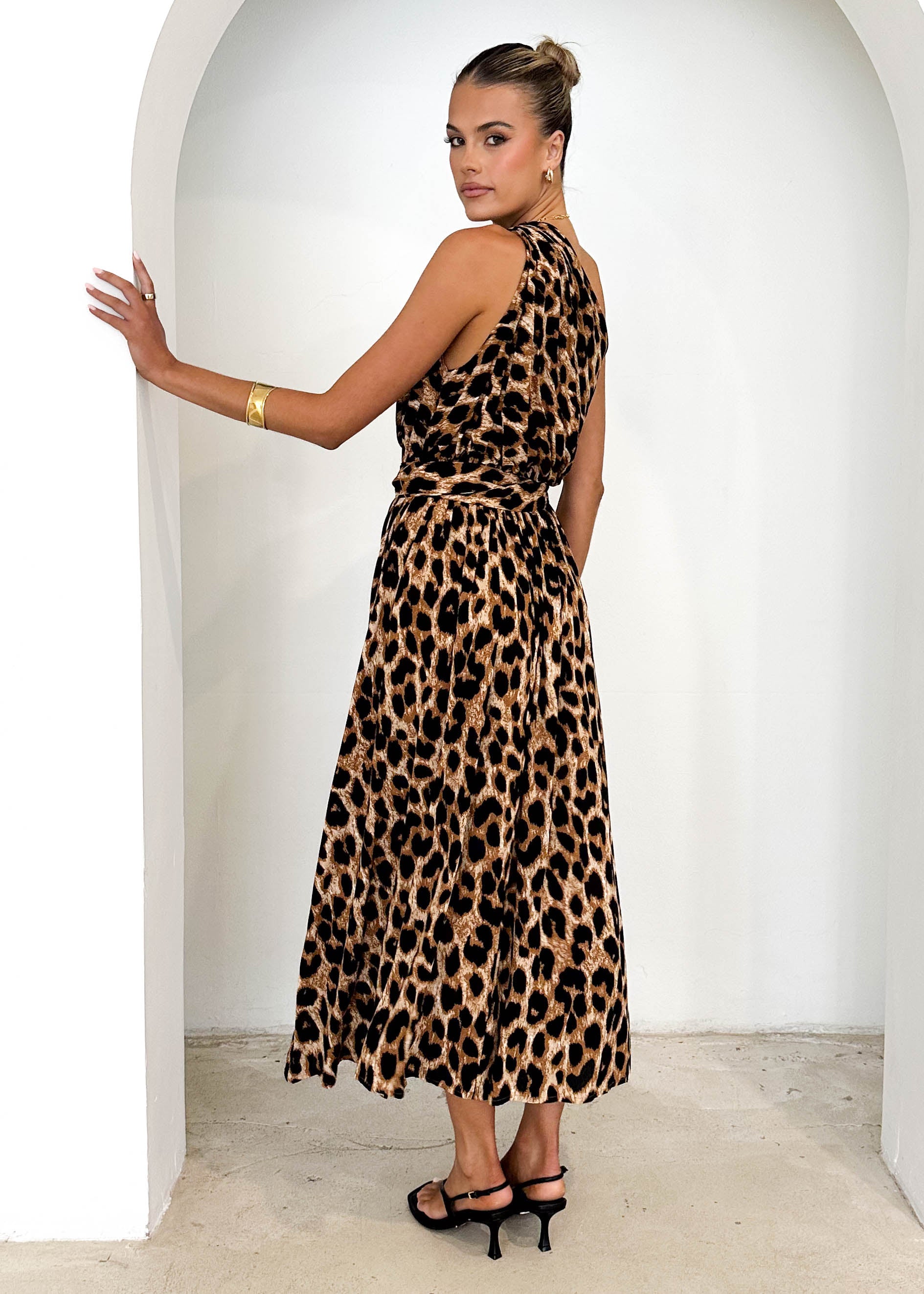 Korah One Shoulder Midi Dress - Leopard