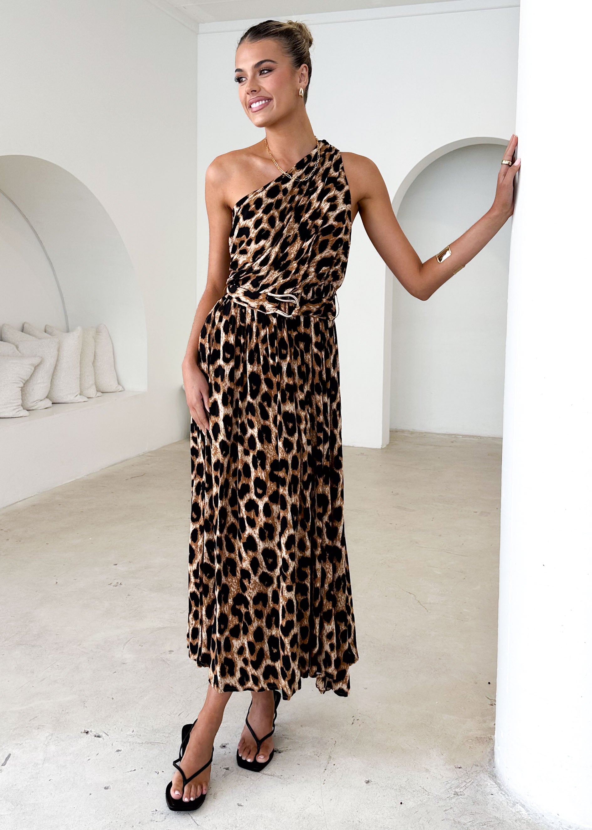 Korah One Shoulder Midi Dress - Leopard