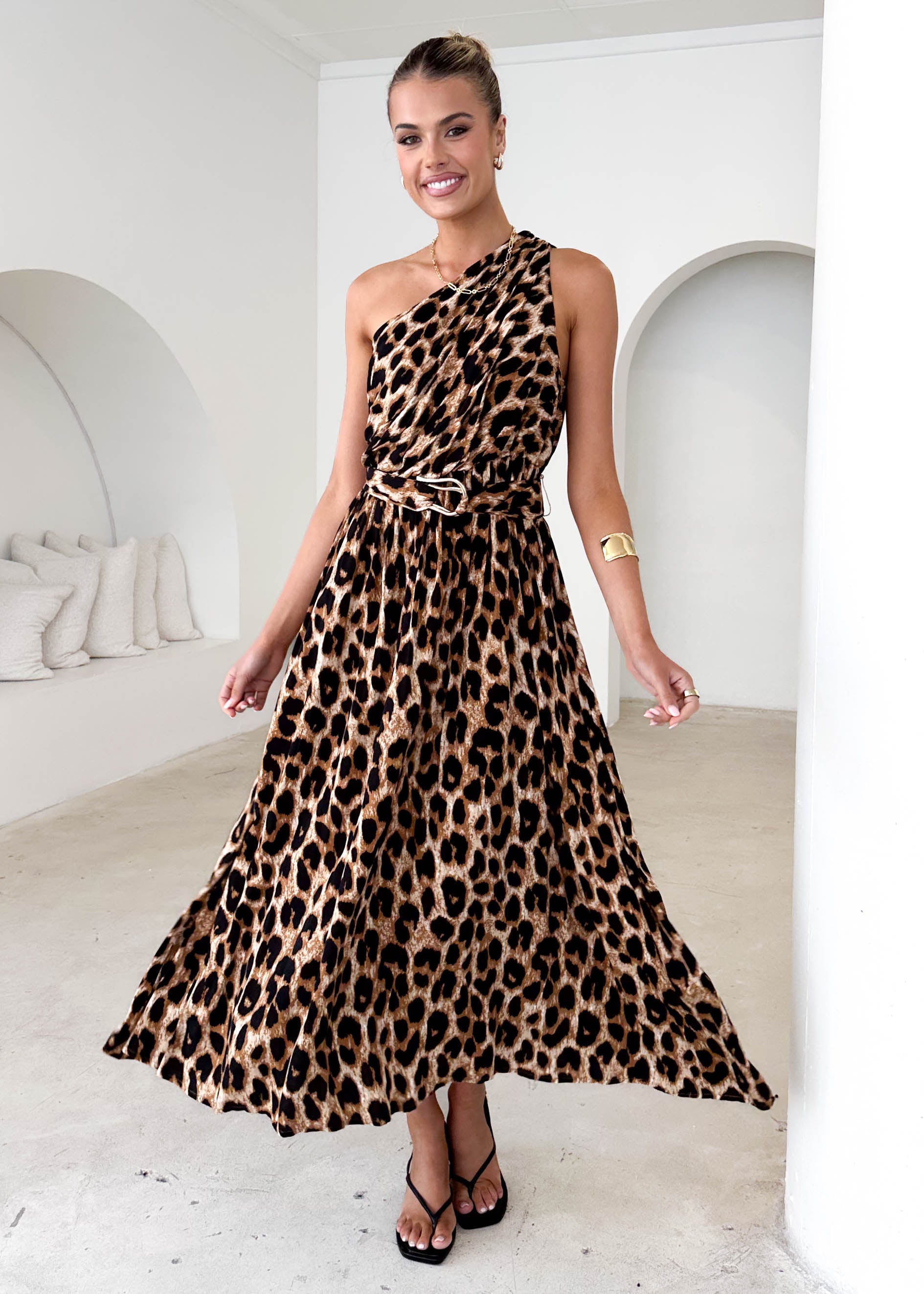 Korah One Shoulder Midi Dress - Leopard