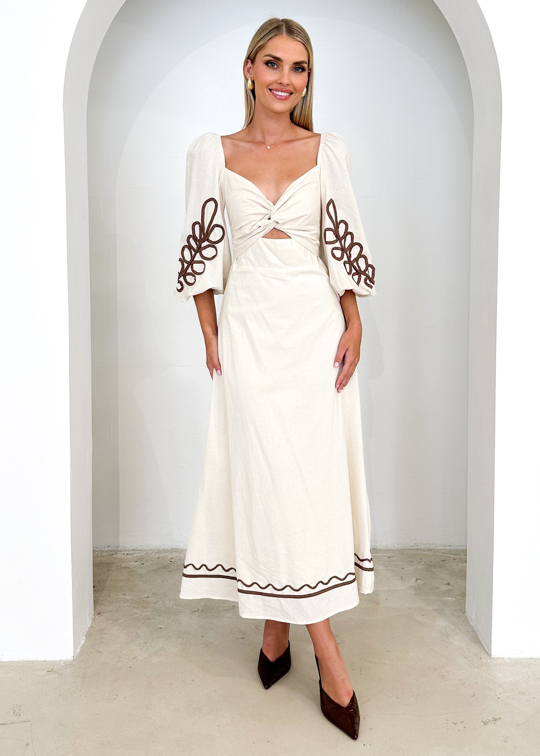 Delkra Embroidered Midi Dress - Cream