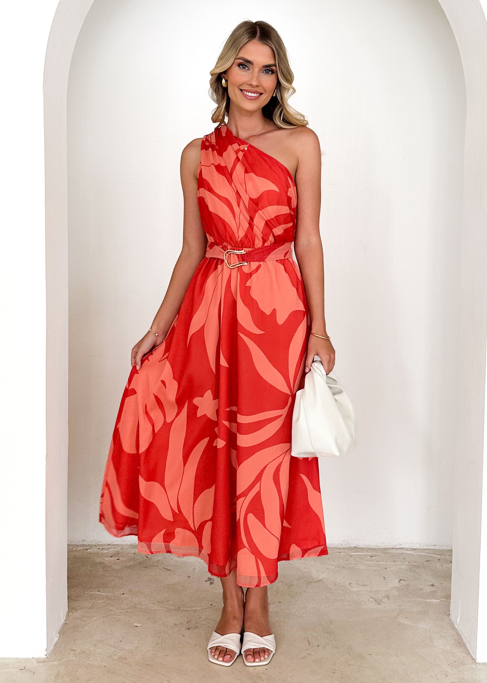 Dana One Shoulder Midi Dress - Coral Floral