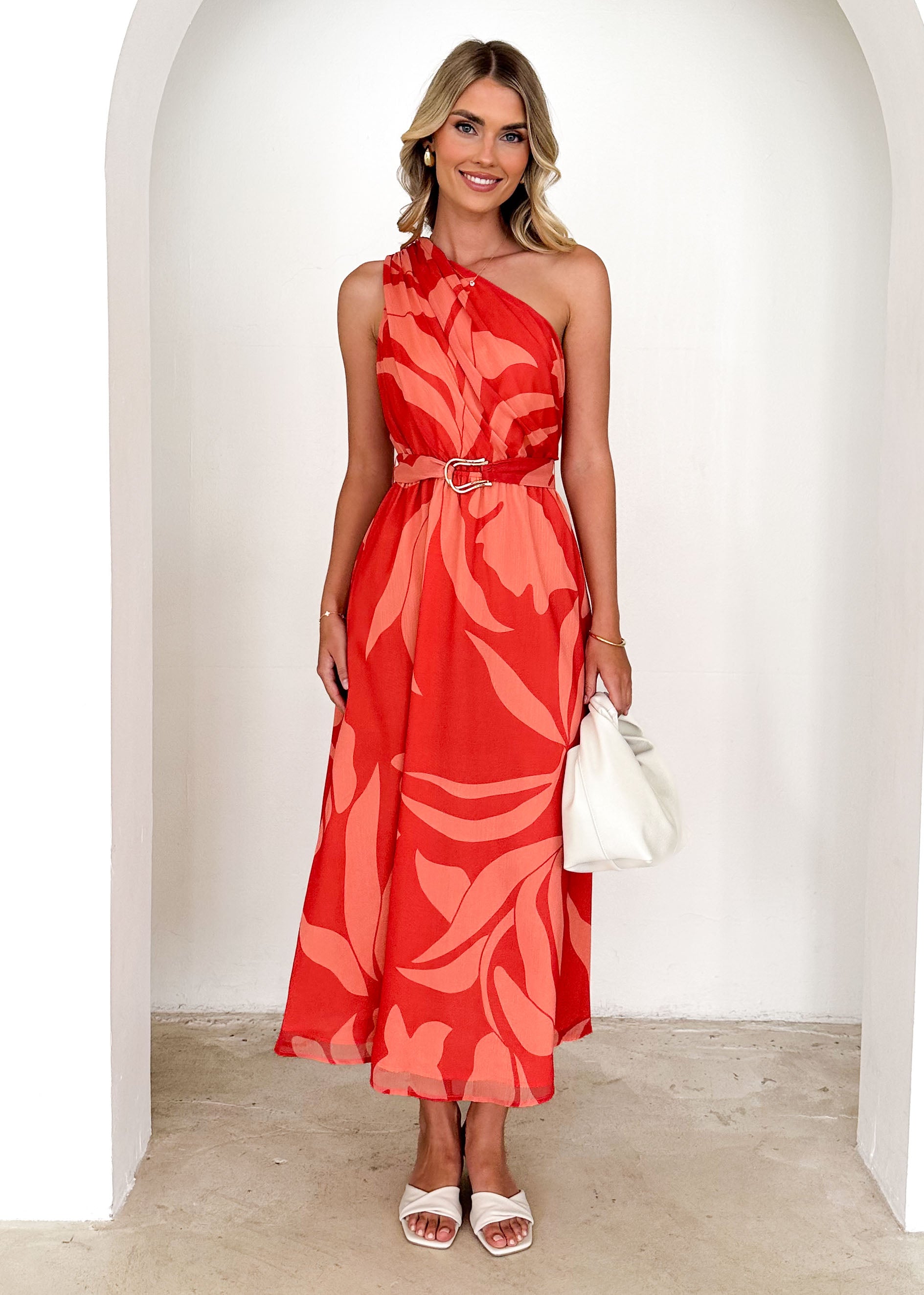 Dana One Shoulder Midi Dress - Coral Floral